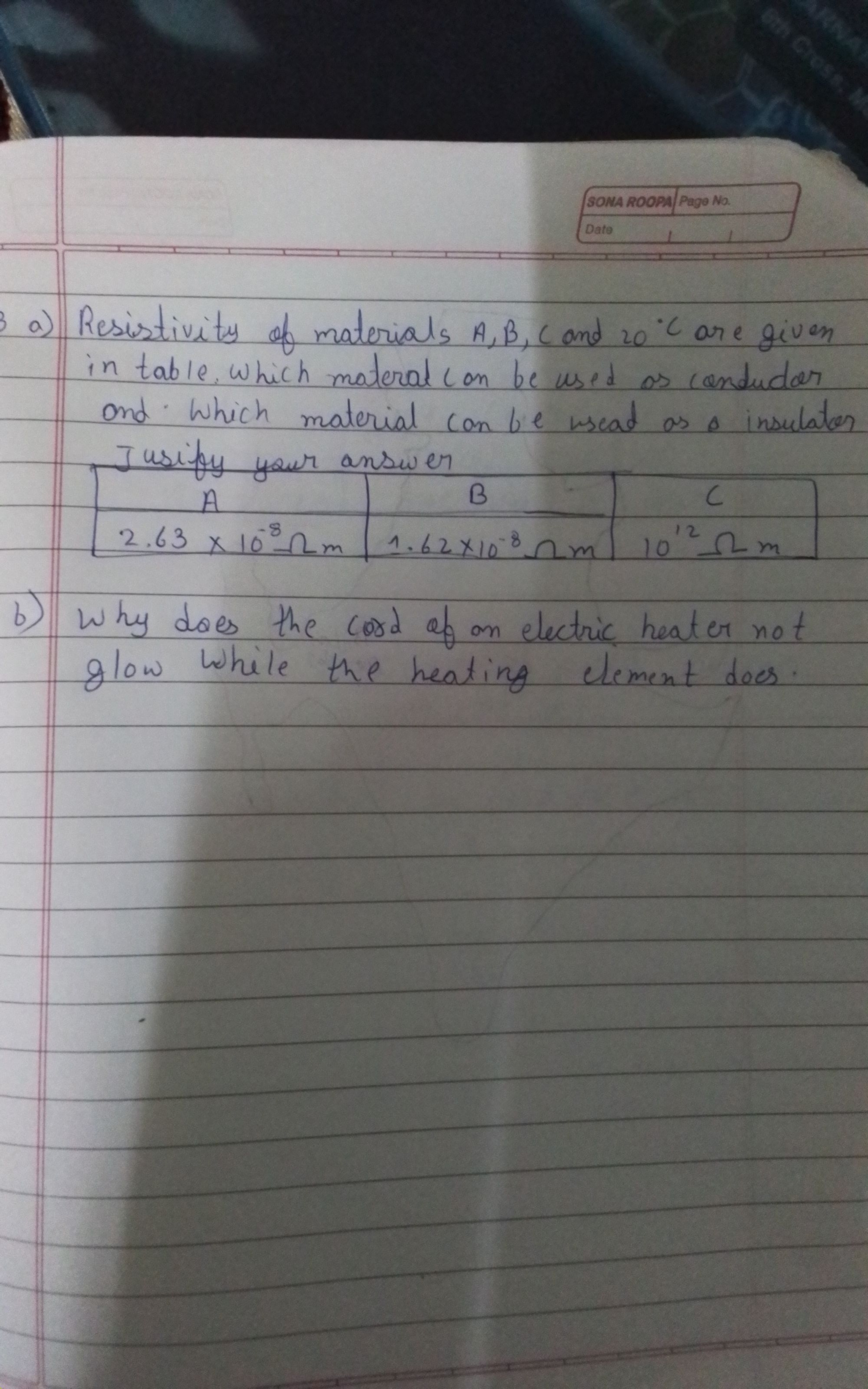 SONA ROOPA/ Page No.
Dato
a) Resistivity of materials A,B,C and 20∘C a