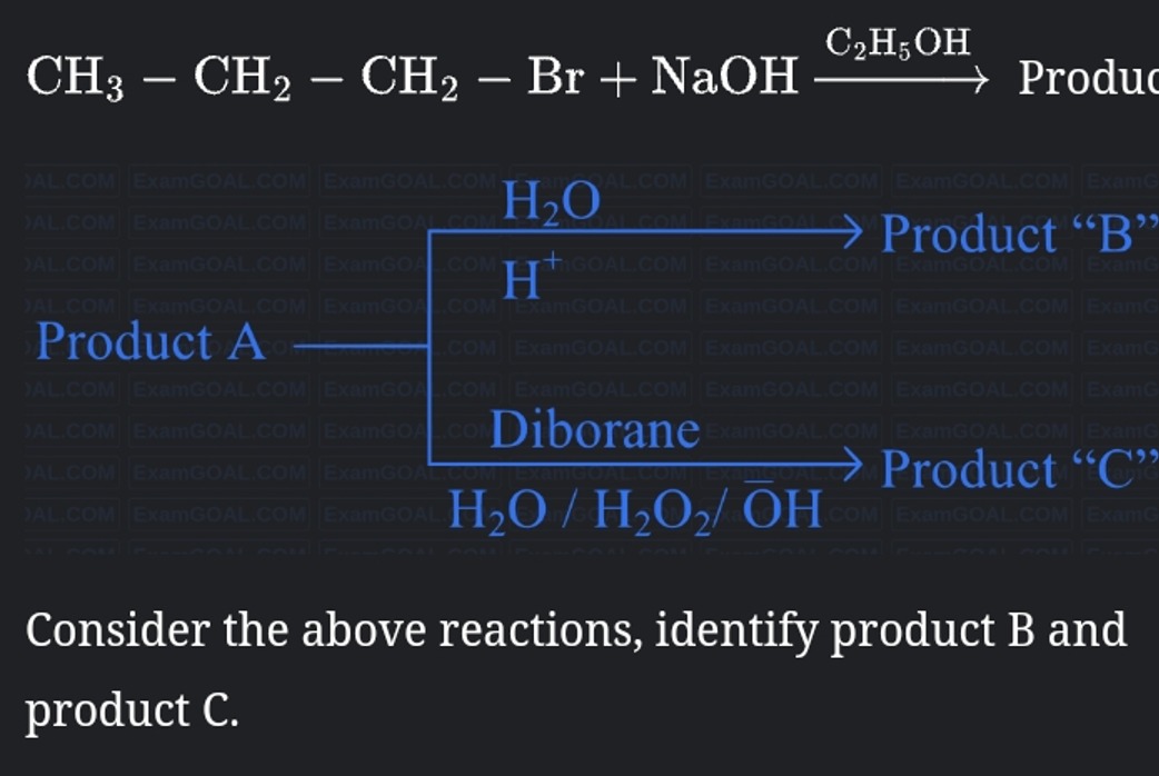 CH3​−CH2​−CH2​−Br+NaOHC2​H5​OH​ Produc ​
Consider the above reactions,