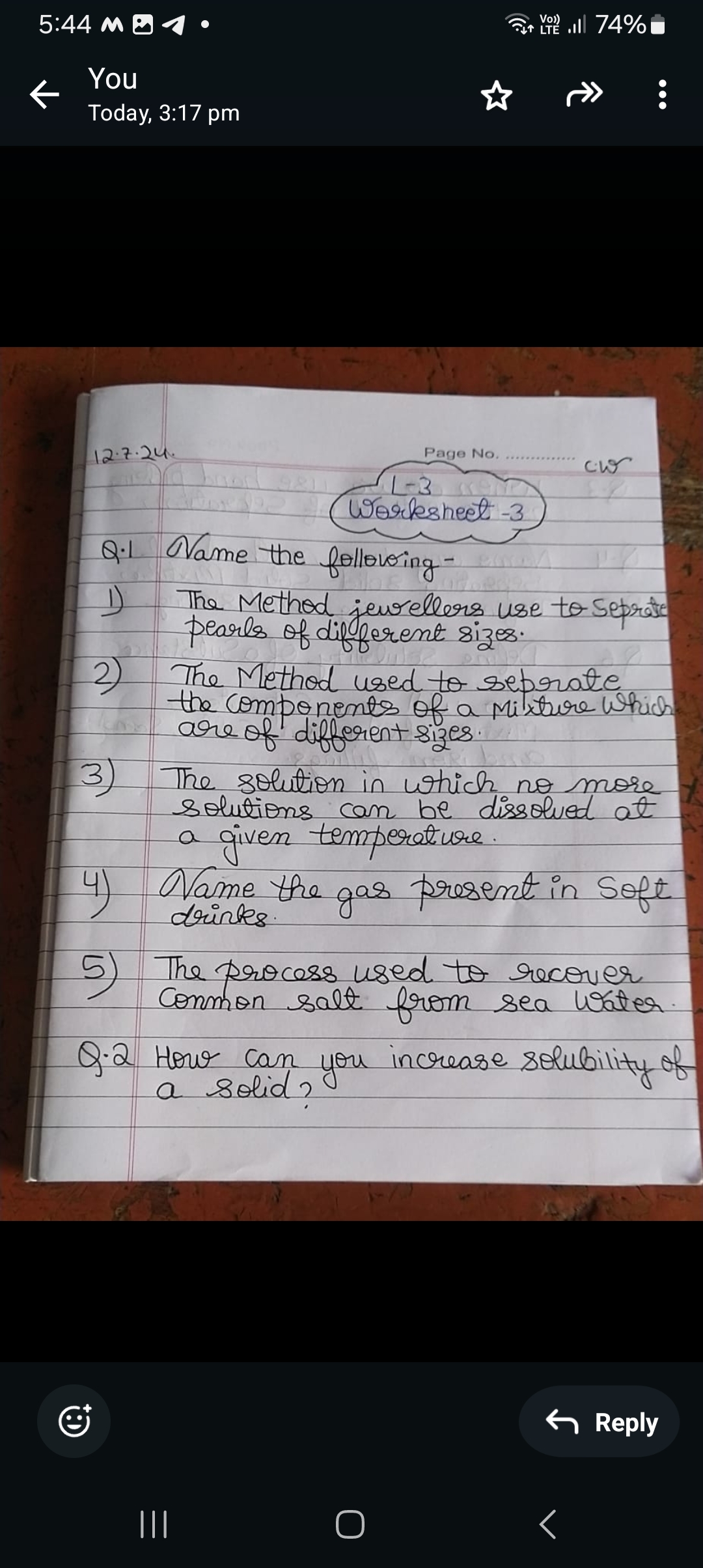 5:44 M ■ ⋅
You
Today, 3:17 pm
12.7⋅24.
Page No
L−3
cw
Worksheet -3
Q. 