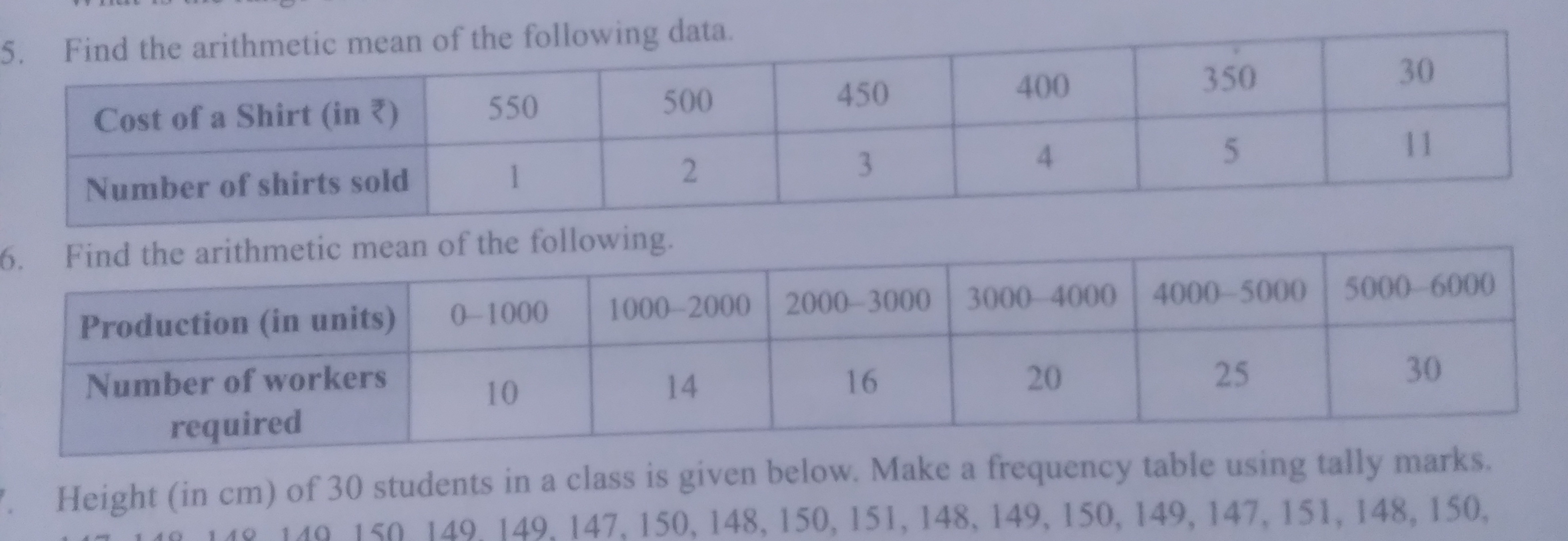 5. Find the arithmetic mean of the following data.
\begin{tabular} { |