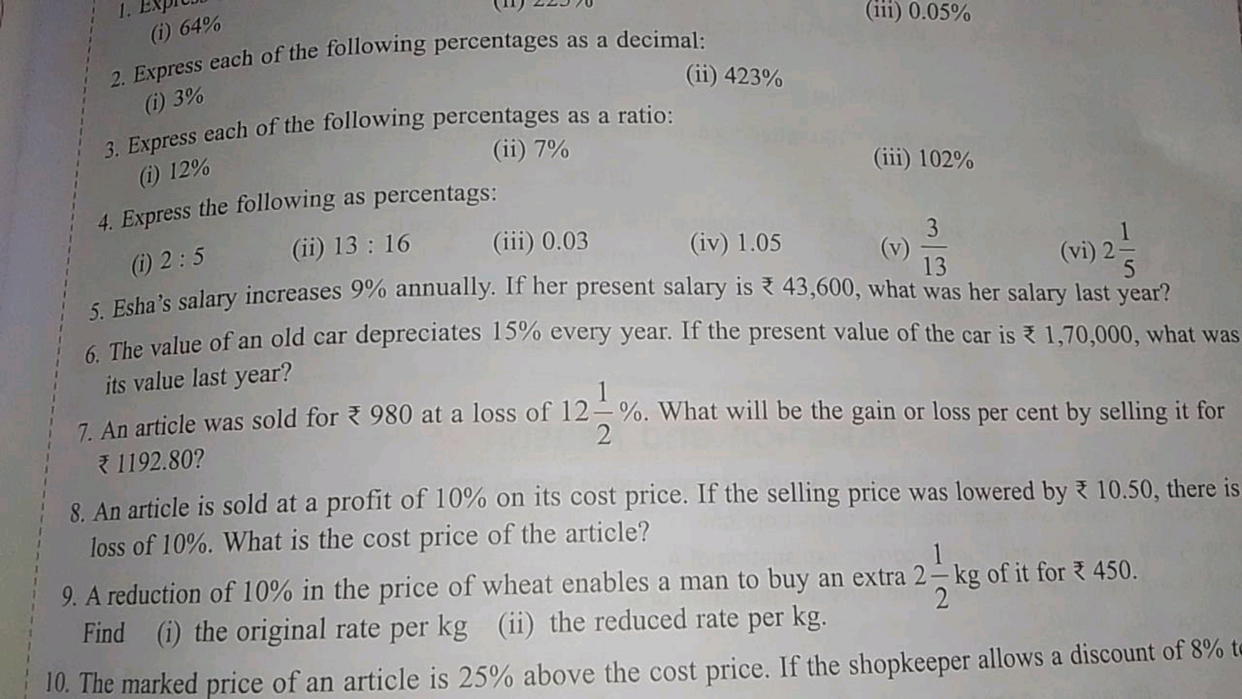 (i) 64%
(iii) 0.05%
2. Express each of the following percentages as a 