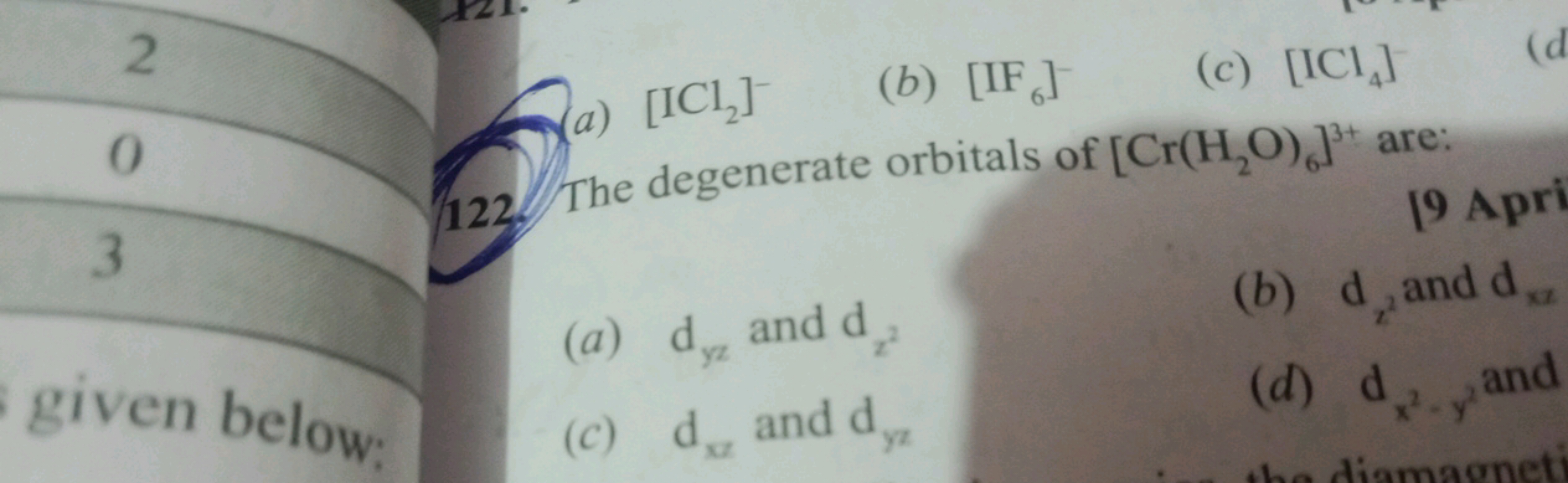 2
0
122
a) [IC] (b) [IF]
The degenerate orbitals of [Cr
(c) [IC]
6
are