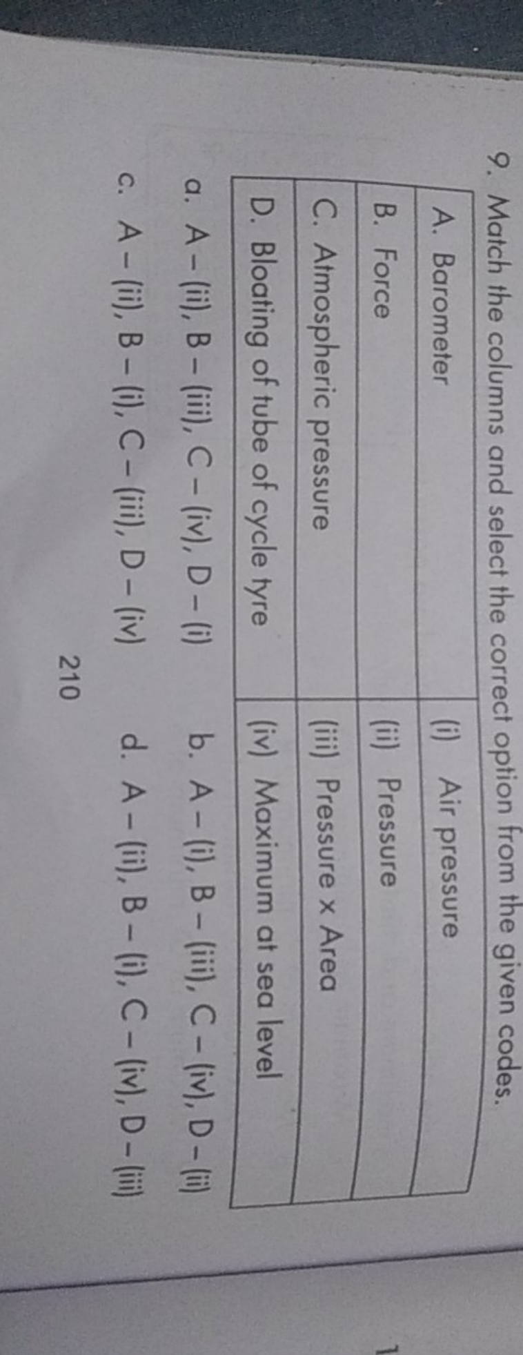 9. Match the columns and select the correct option from the given code