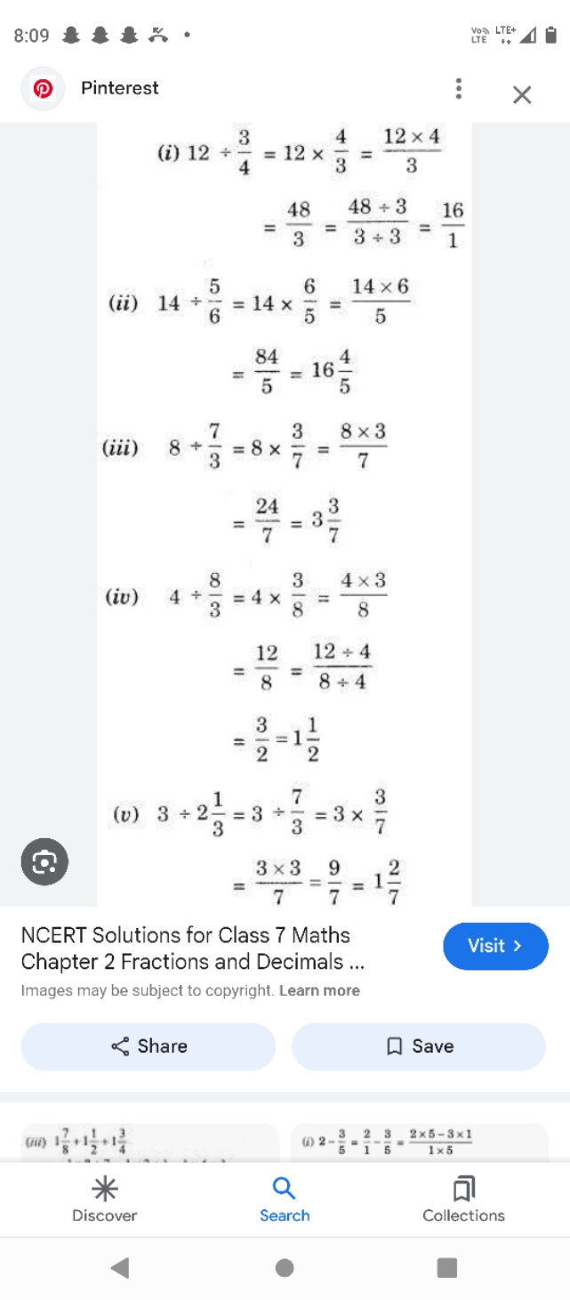 8:09
Vois LTE +
VIE
( P Pinterest
 (i) 12÷43​​=12×34​=312×4​=348​=3÷34