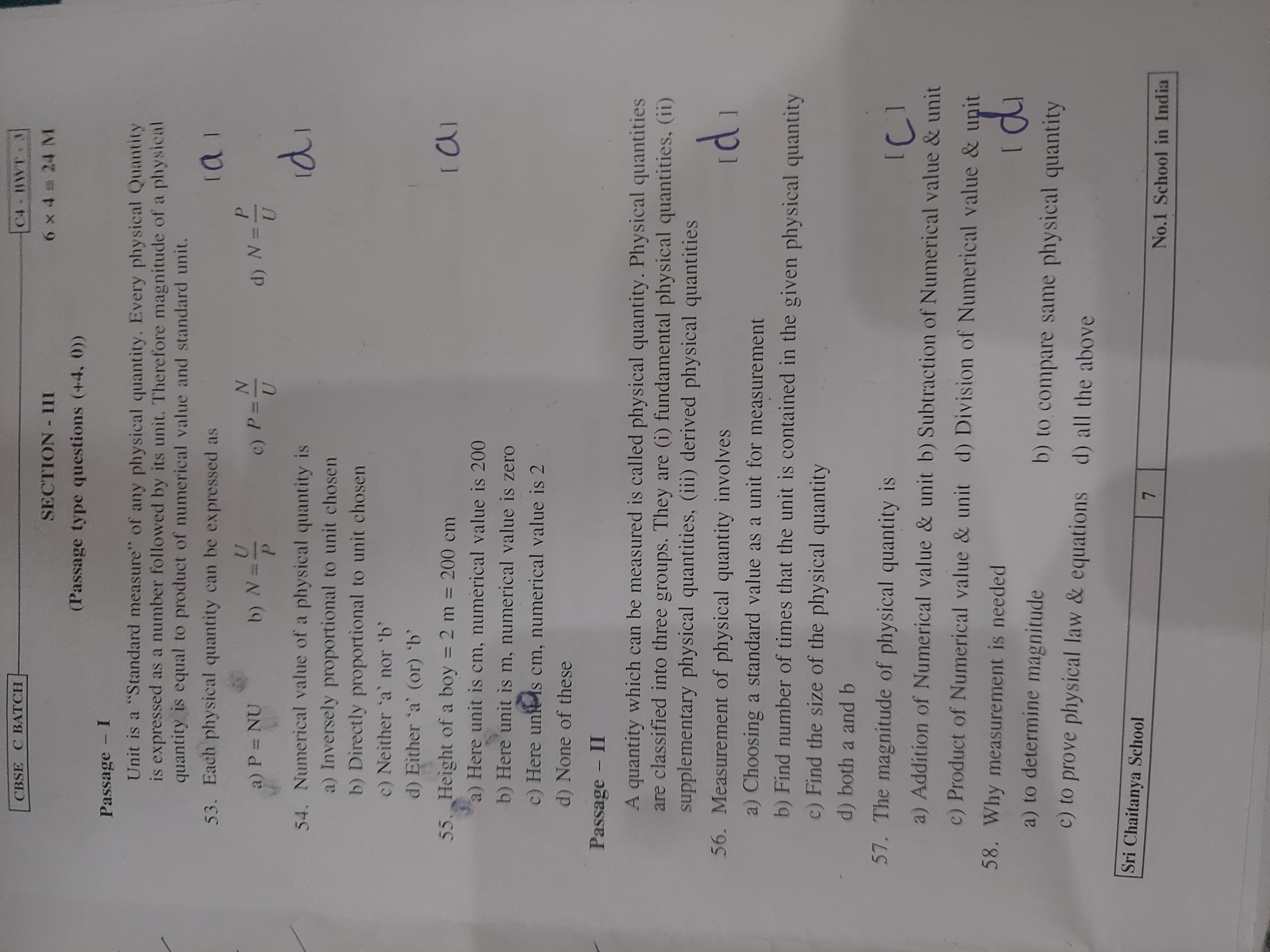 CBSE C BATCH
C4- BWT 3
Passage - I
SECTION - III
(Passage type questio