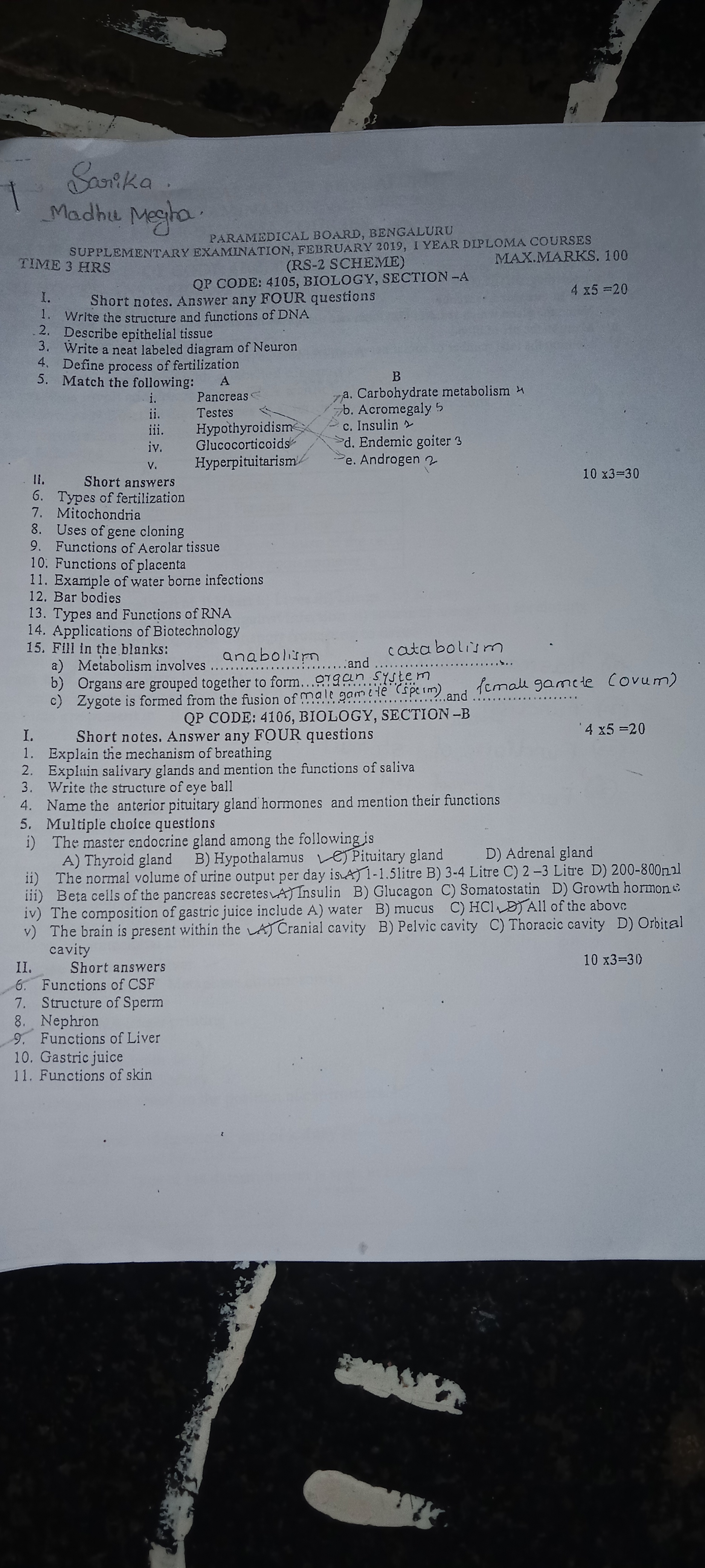 1 Sarika
Madhu Megha
PARAMEDICAL BOARD, BENGALURU
SUPPLEMENTARY EXAMIN