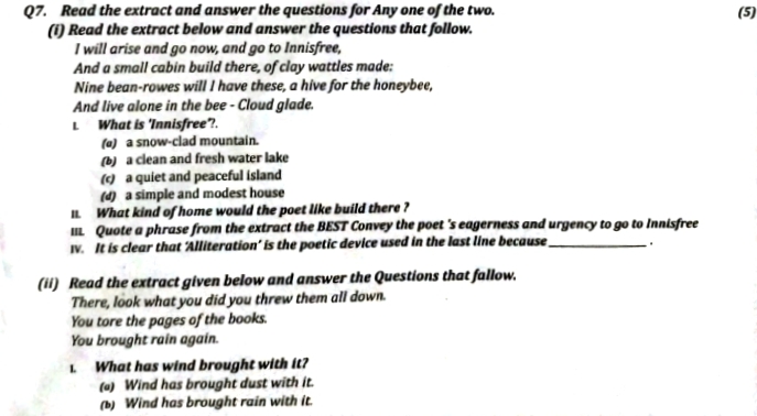 Q7. Read the extract and answer the questions for Any one of the two.
