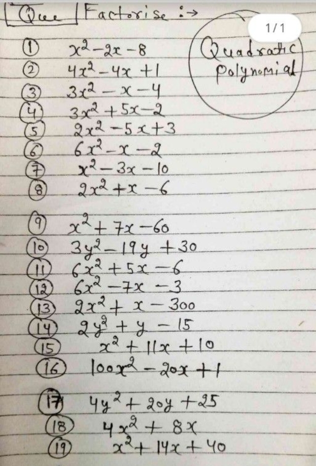 Que Factorise: →
1/1
(1) x2−2x−8
(2) 4x2−4x+1
(3) 3x2−x−4
(4) 3x2+5x−2