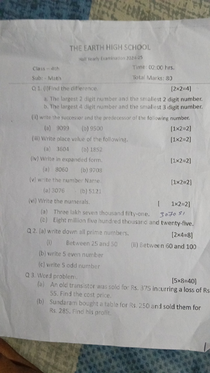 THE EARTH HIGH SCHOOL
Hall Vearly Examination 2024−25
Class - 4th
Sub: