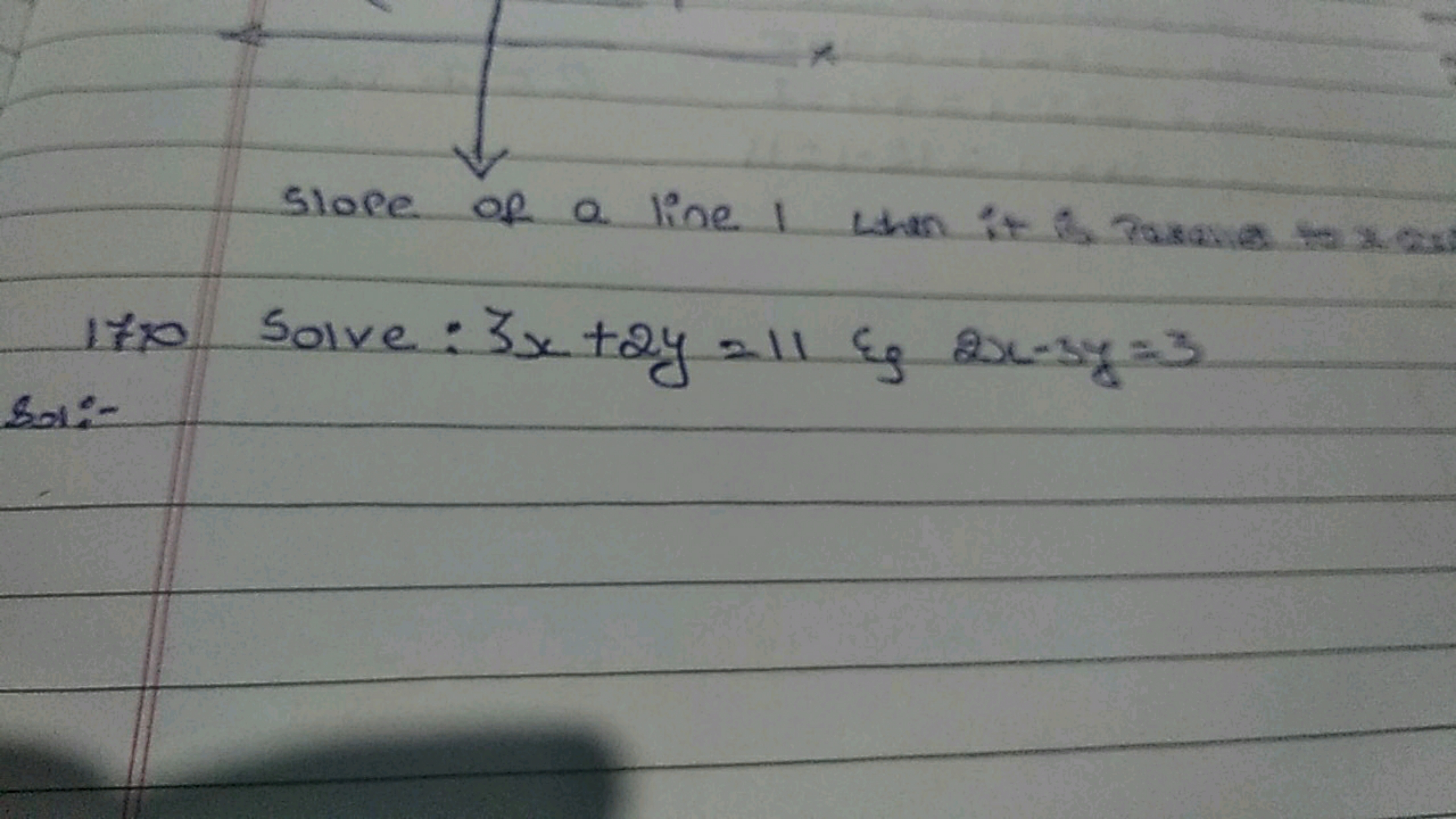 slope of a line I when it is pavanes thanks
170 Solve: 3x+2y=11 Eg 2x−