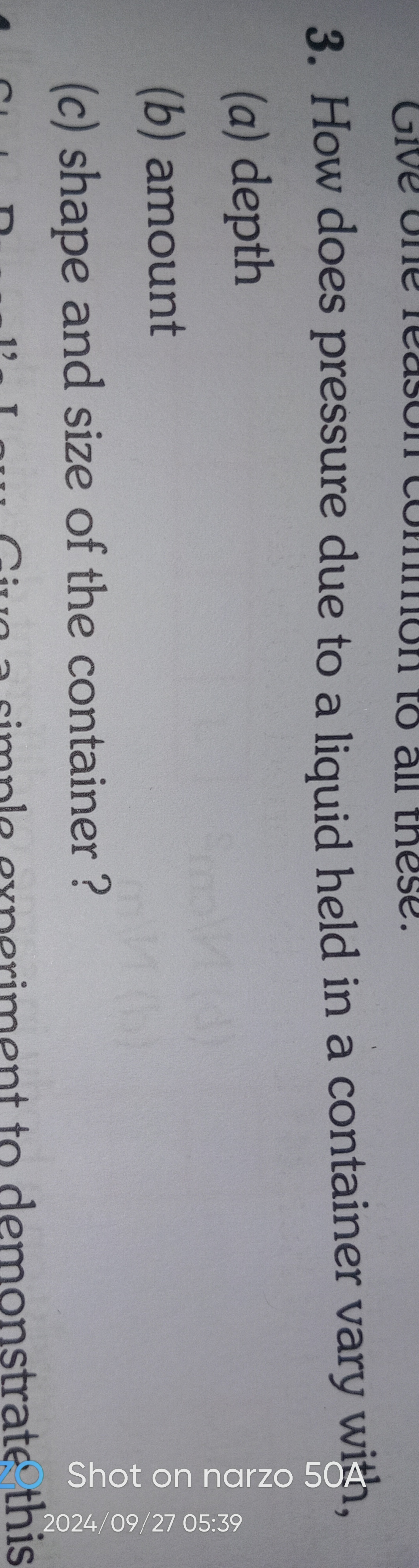 3. How does pressure due to a liquid held in a container vary with
(a)