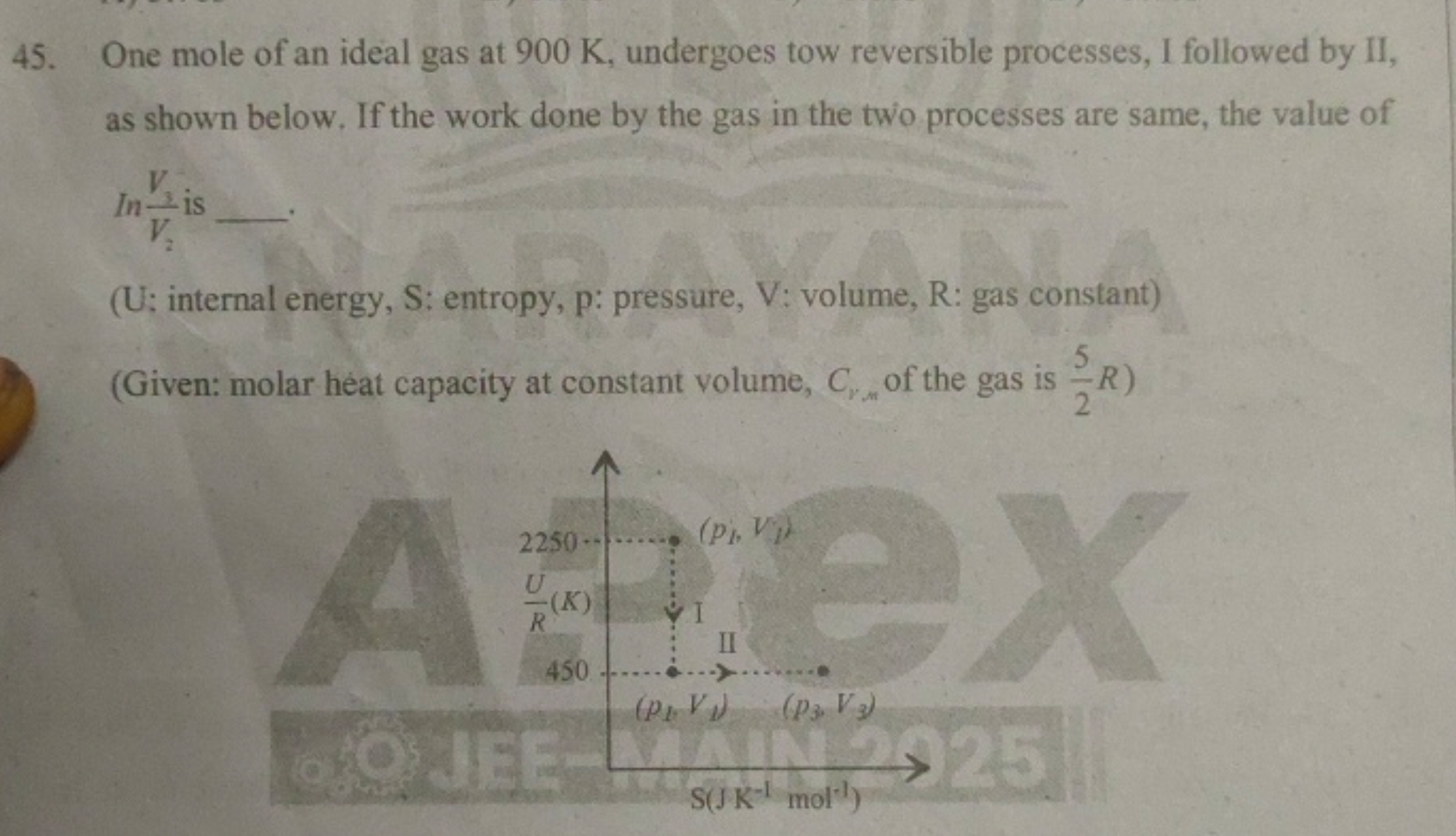 45. One mole of an ideal gas at 900 K , undergoes tow reversible proce