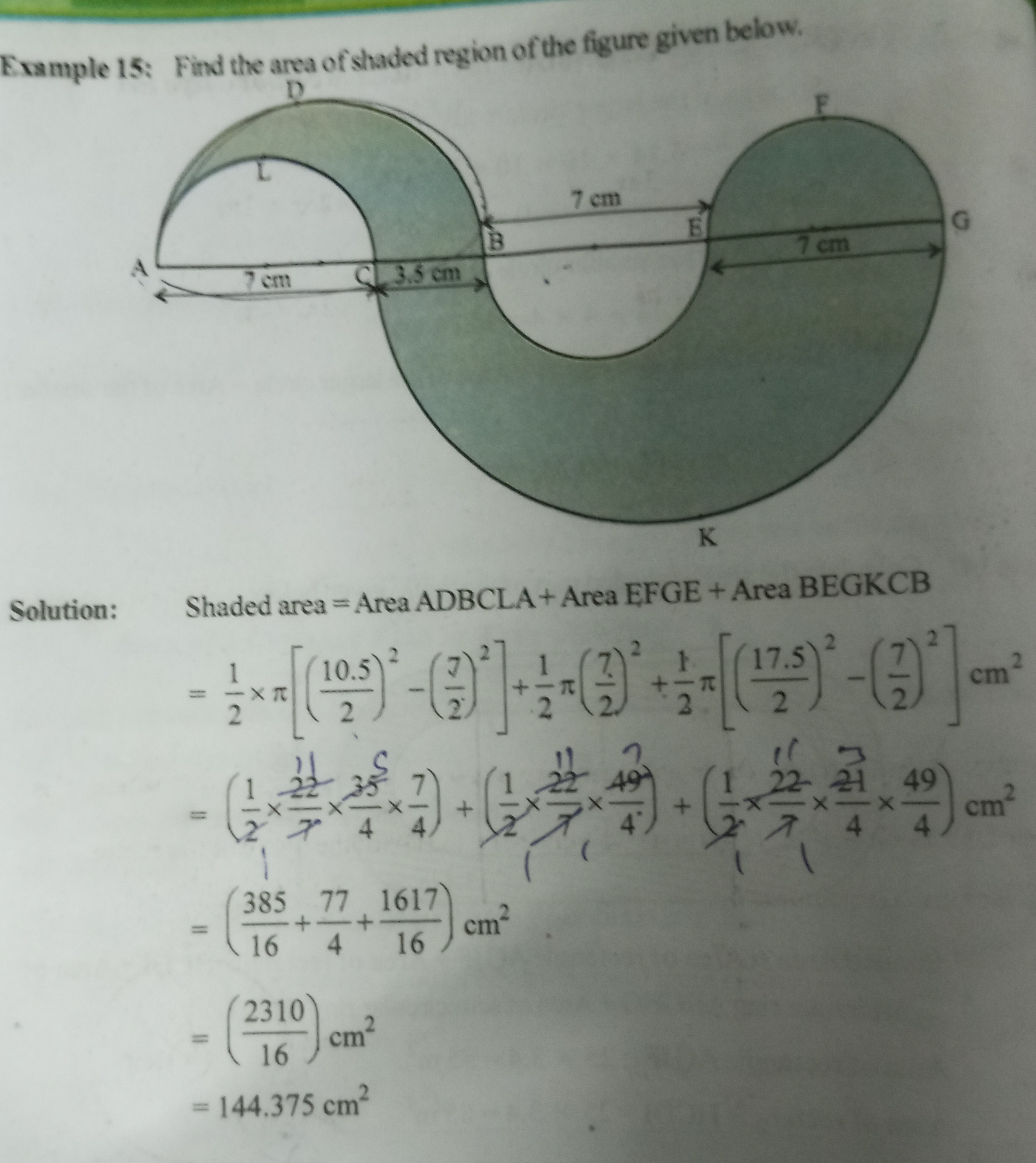 Example 15: Find the area of shaded region of the figure given below.
