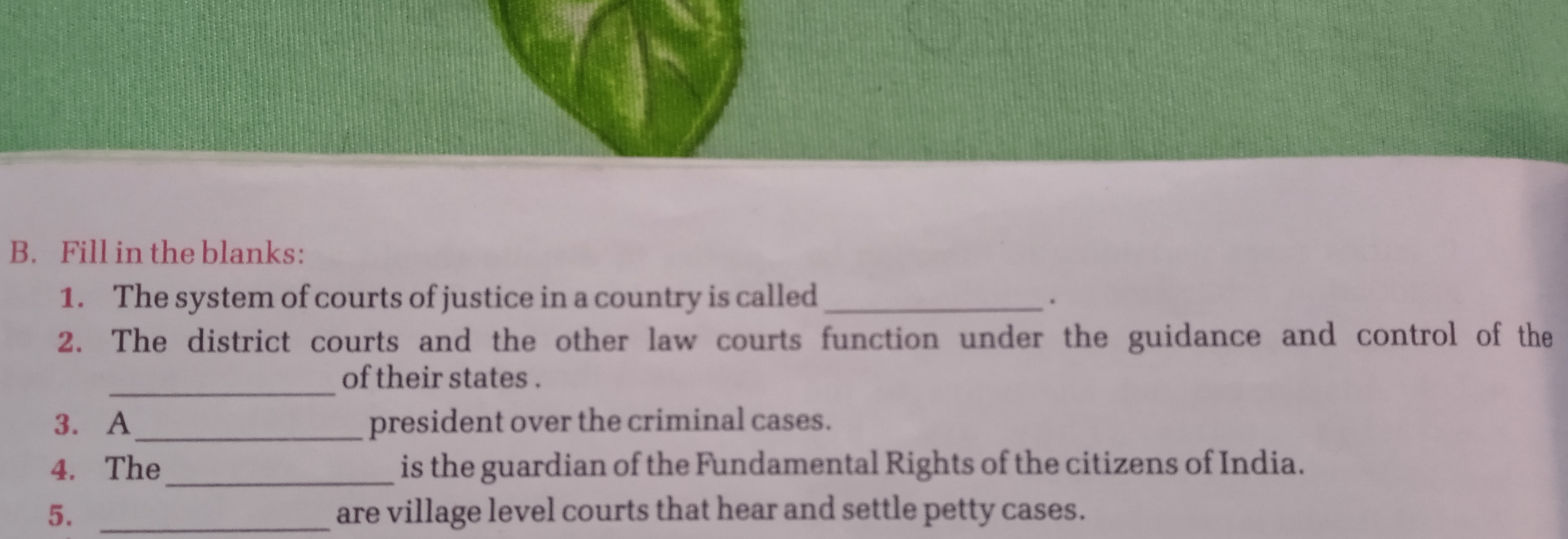 B. Fill in the blanks:
1. The system of courts of justice in a country