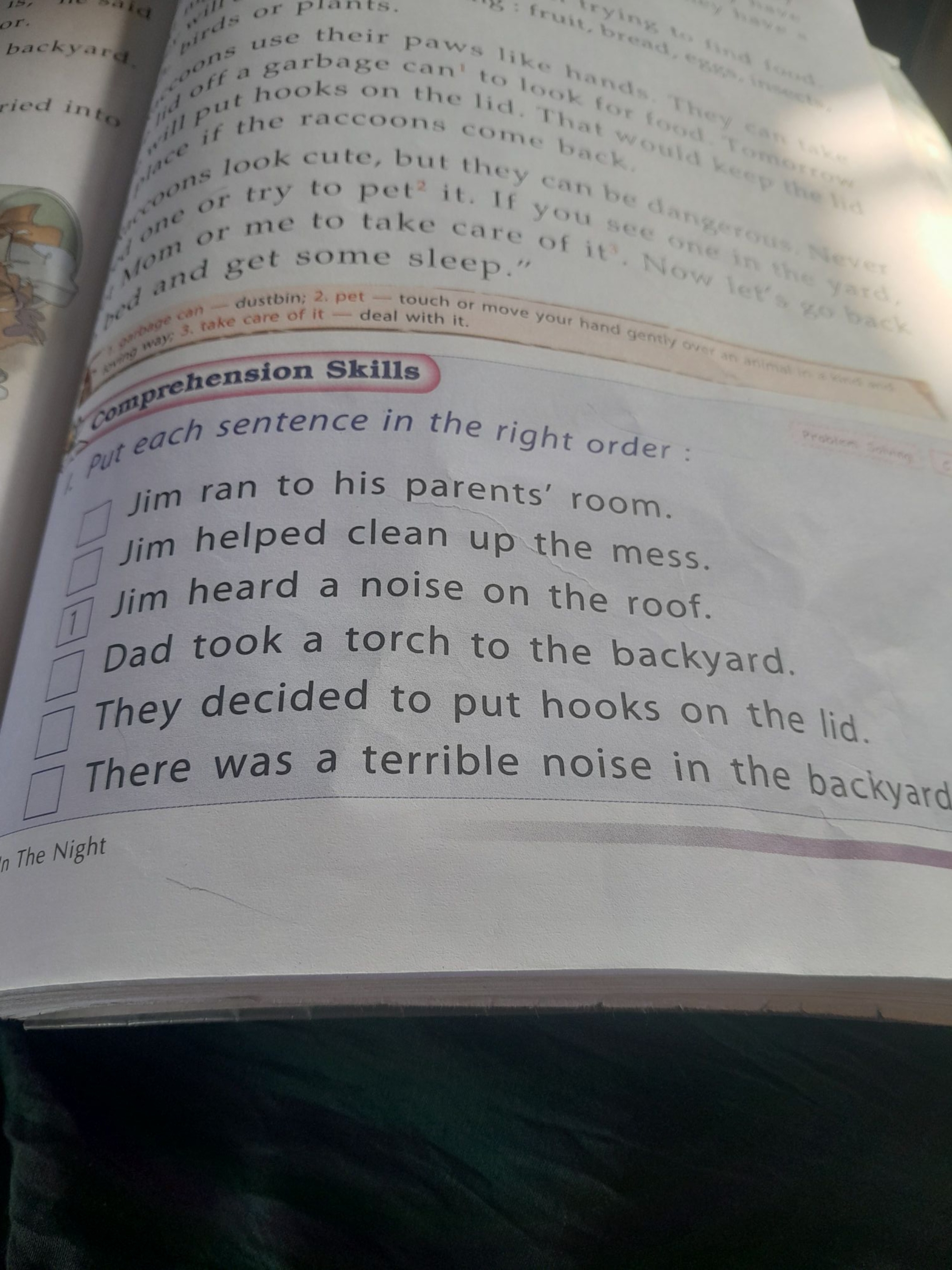 put each sentence in the right order
Jim ran to his parents' room.
Jim