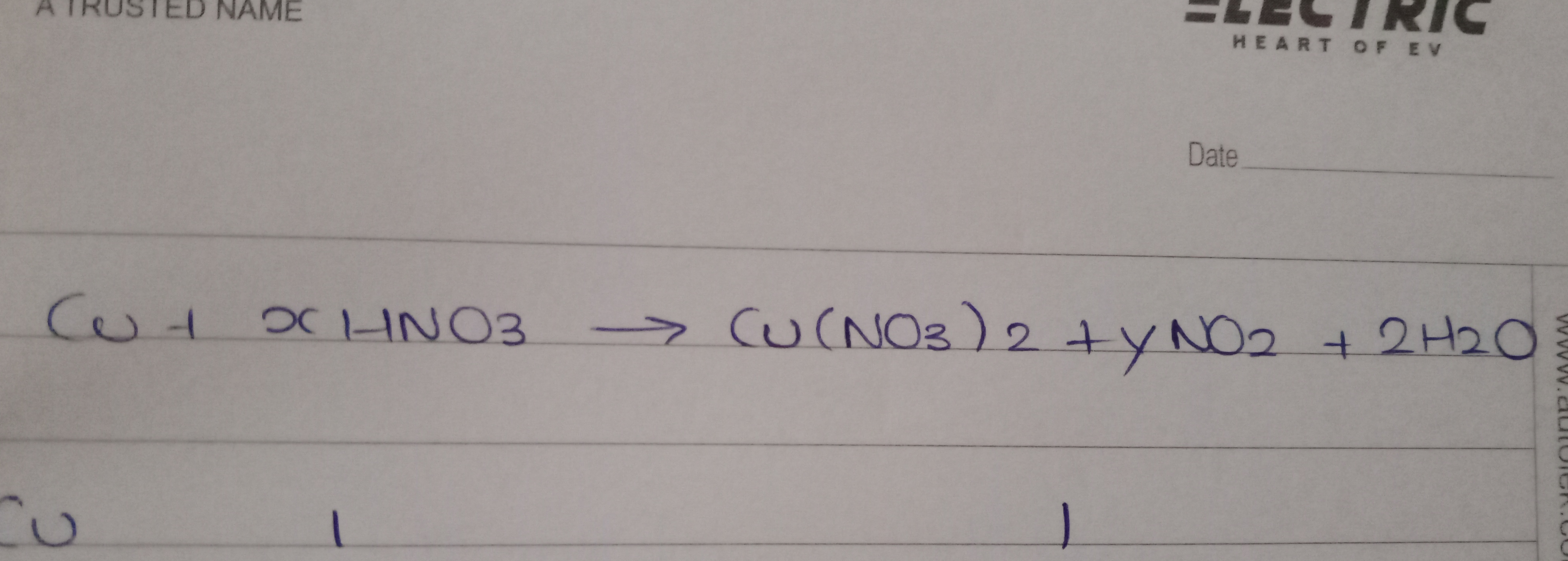 Cu+CHNO3​→Cu(NO3​)2​+yNO2​+2H2​O