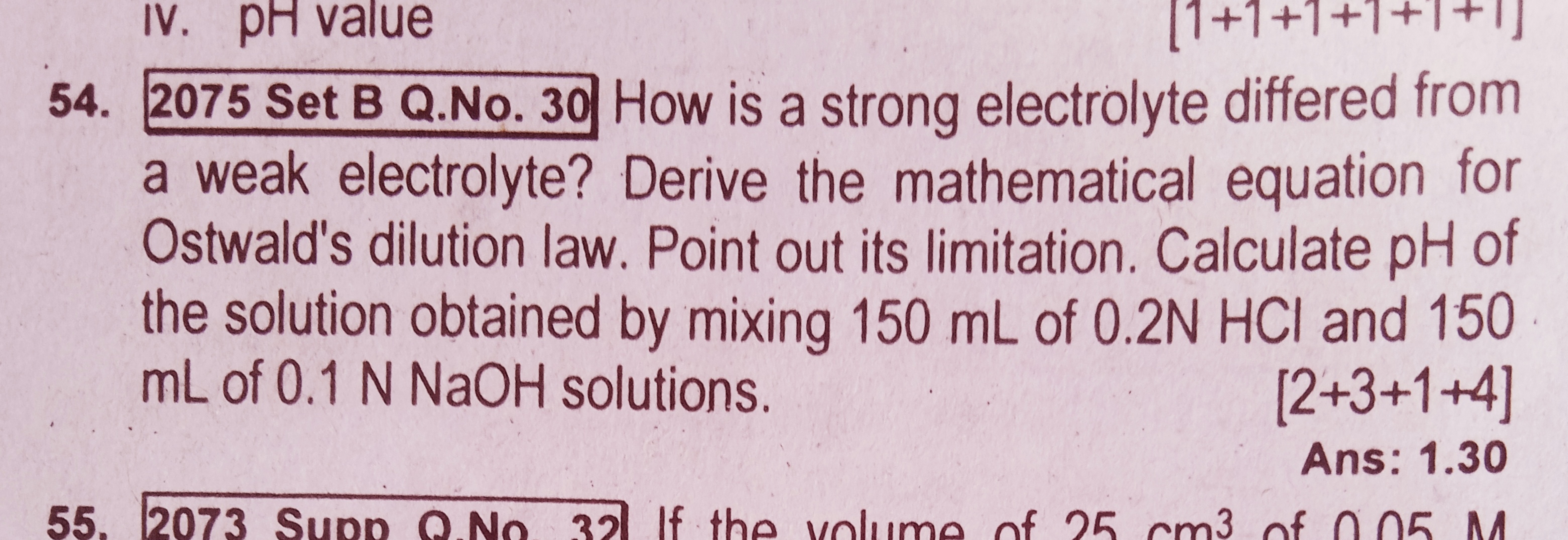 54. 2075 Set B Q.No. 30 How is a strong electrolyte differed from a we