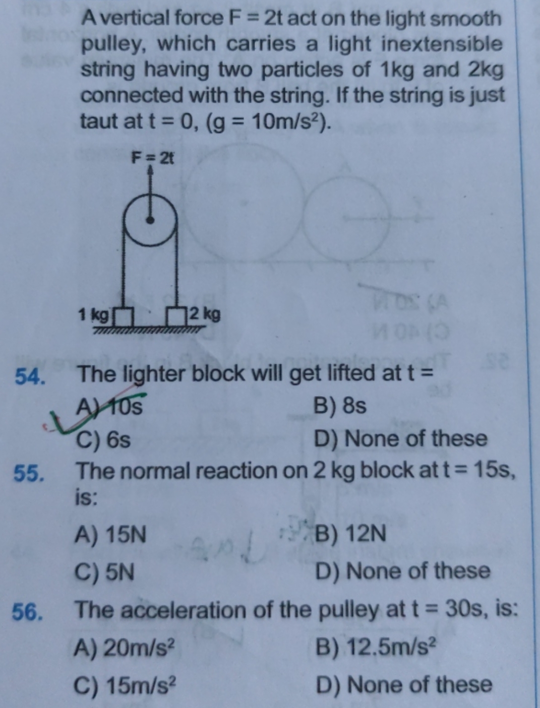 A vertical force F=2t act on the light smooth pulley, which carries a 