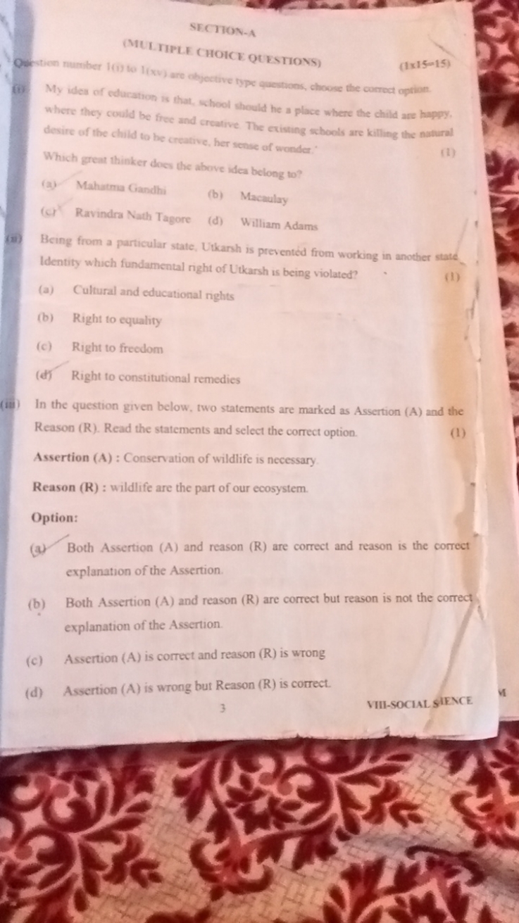 SECTION-A
(MLLTIPLE GHICE QtESTIONS)
(Ix15−15 )
Quration number 1 (1) 