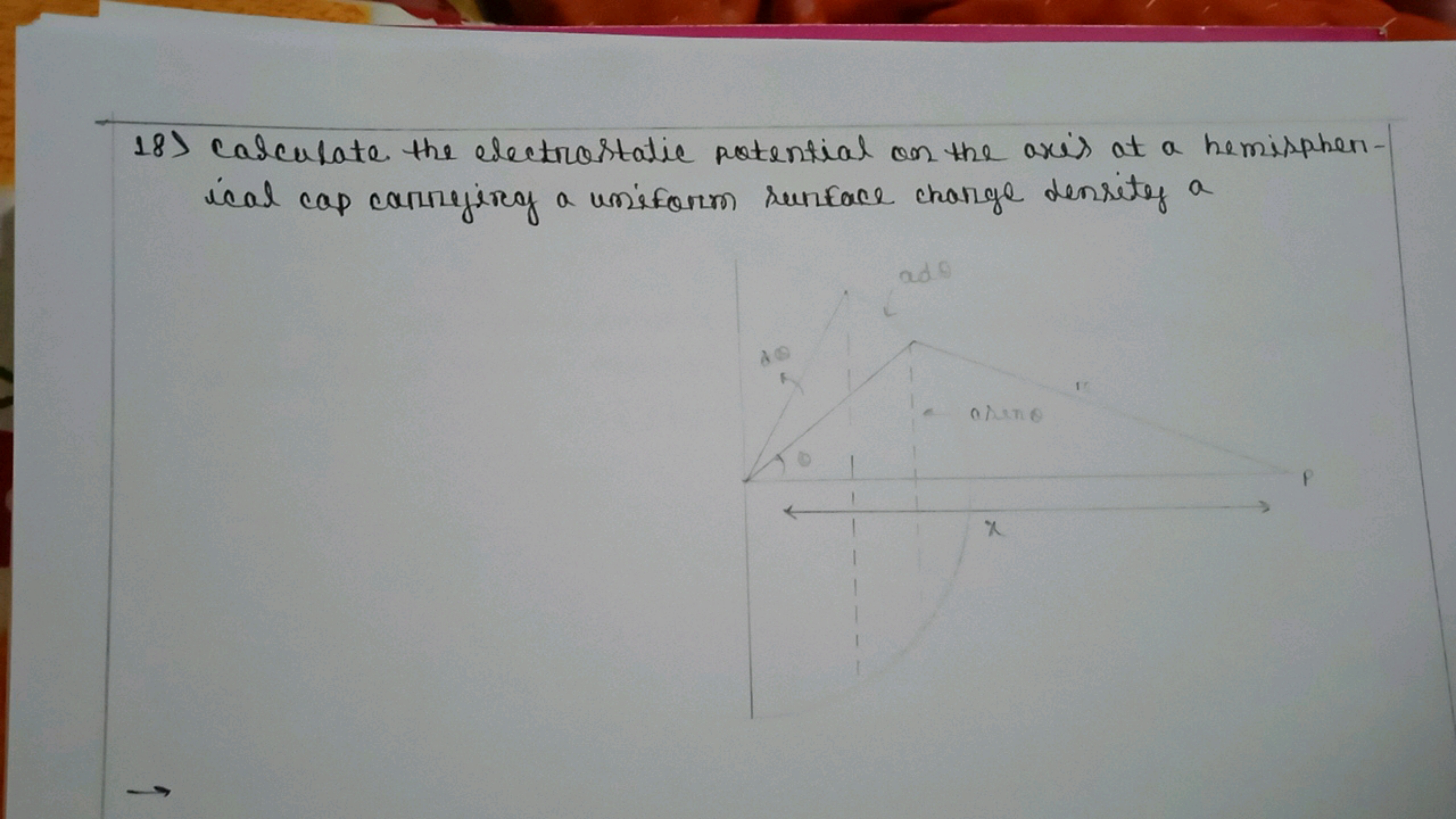 18) Casculate the electrostatic potential on the axis at a hemisphenic