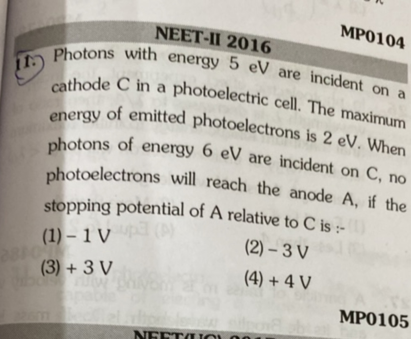 MP0104
NEET-II 2016
(15.) Photons with energy 5 eV are incident on a c