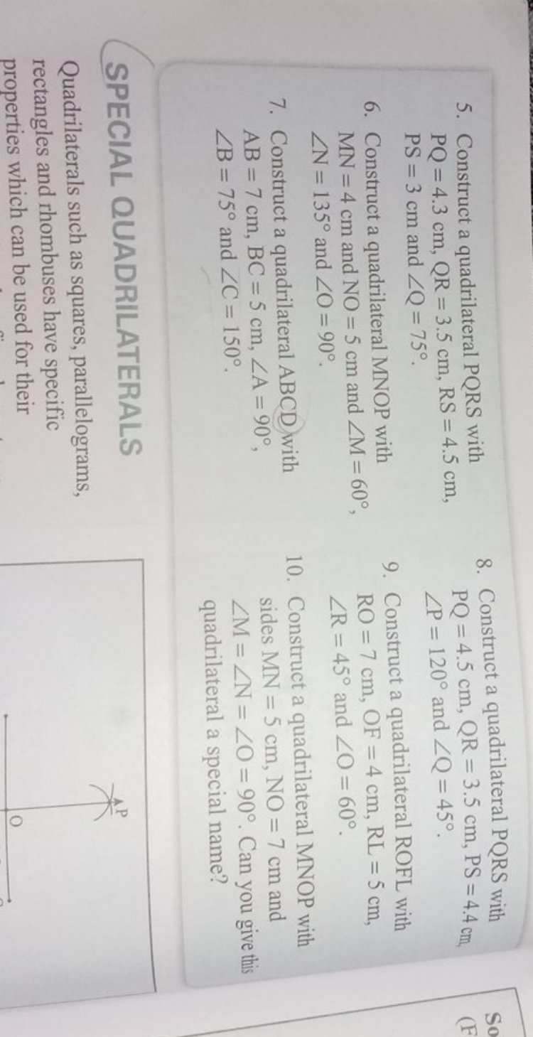 5. Construct a quadrilateral PQRS with PQ=4.3 cm,QR=3.5 cm,RS=4.5 cm, 