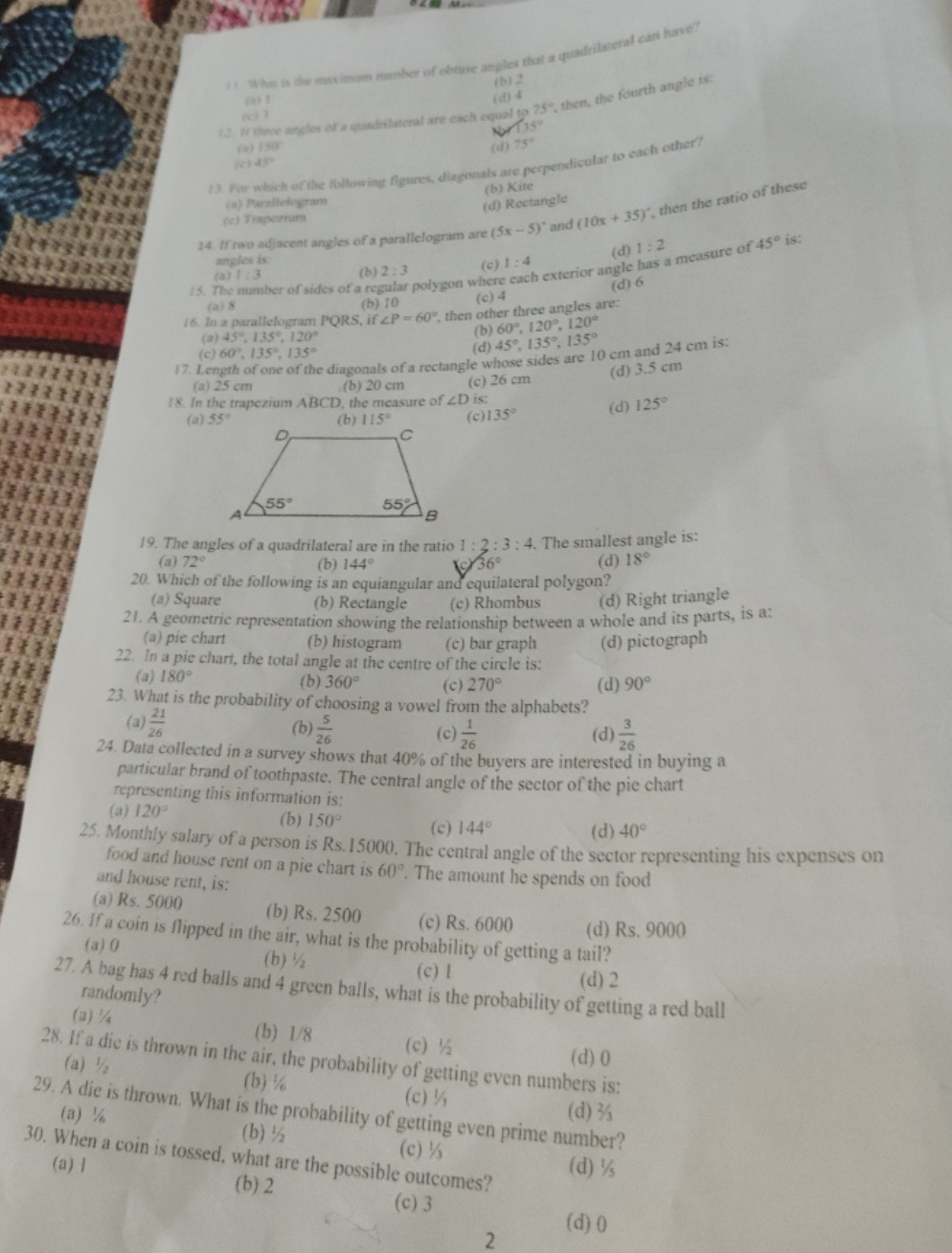 
(b) 2
(d) 4
(a) 46 , then, the fourth angle is:
(a) 150

N1) 15
(c) 4