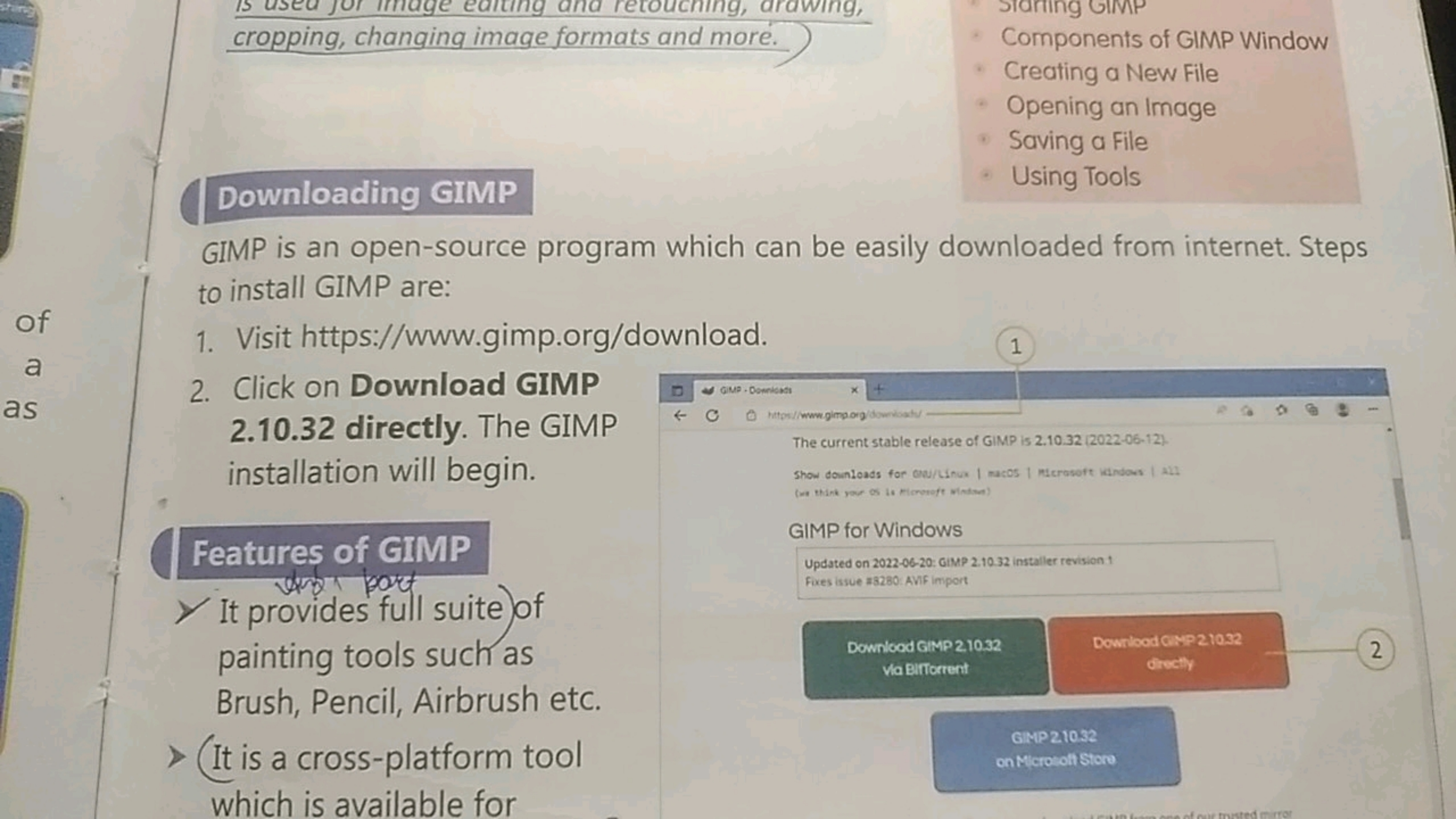 cropping, changing image formats and more.

Downloading GIMP
- Compone