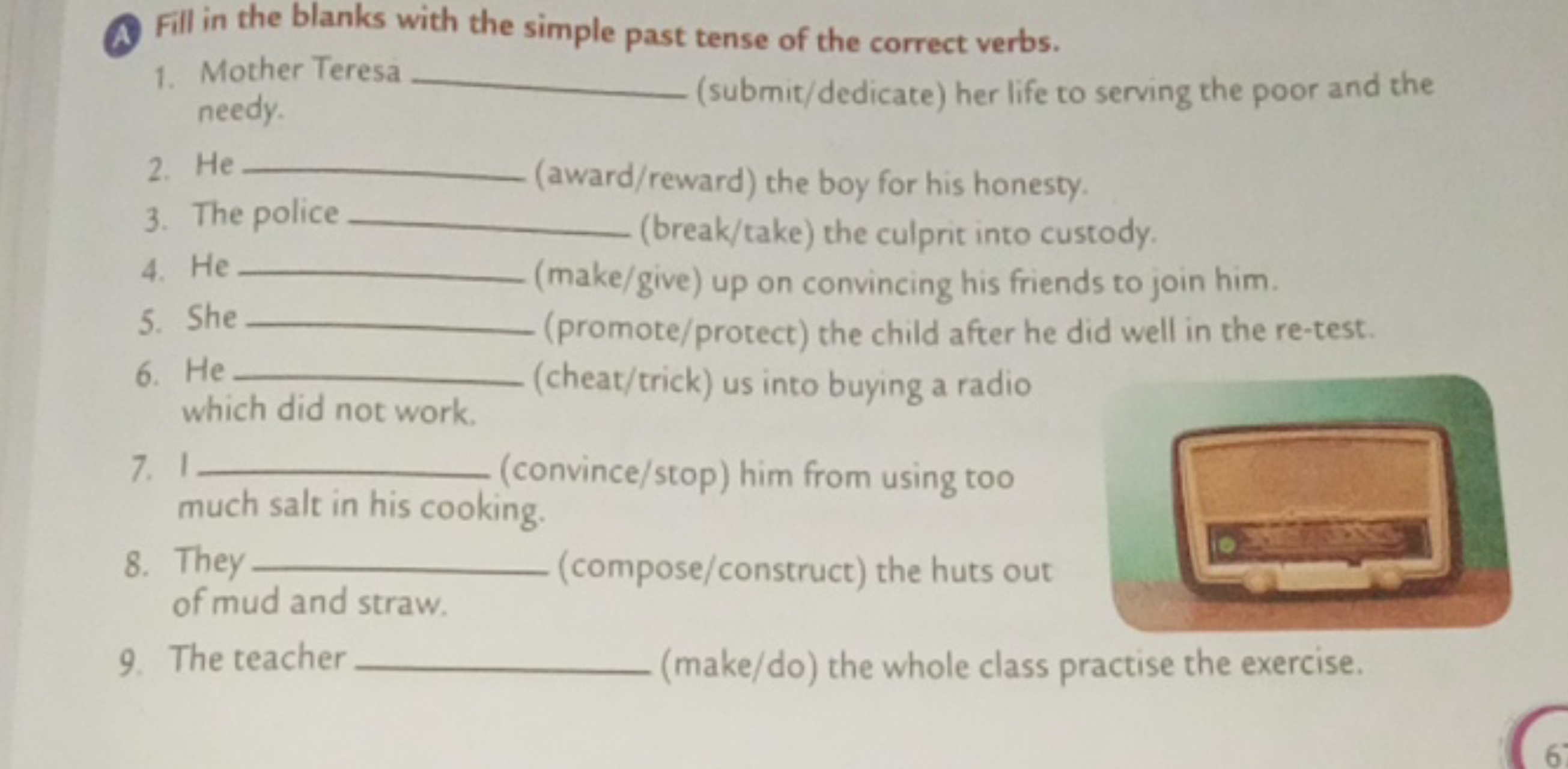 A Fill in the blanks with the simple past tense of the correct verbs.
