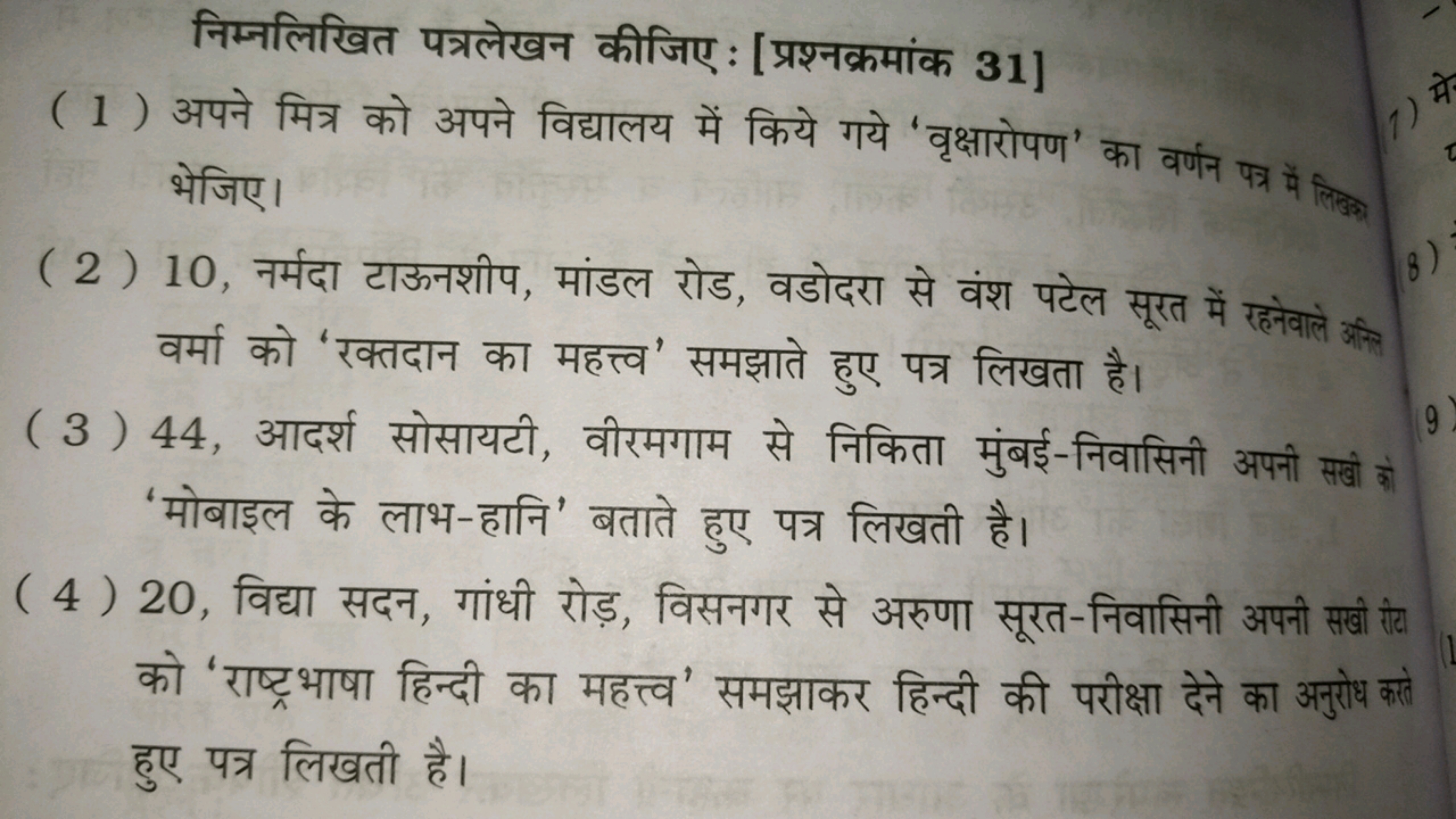 निम्नलिखित पत्रलेखन कीजिए : [प्रश्नक्रमांक 31]
(1) अपने मित्र को अपने 