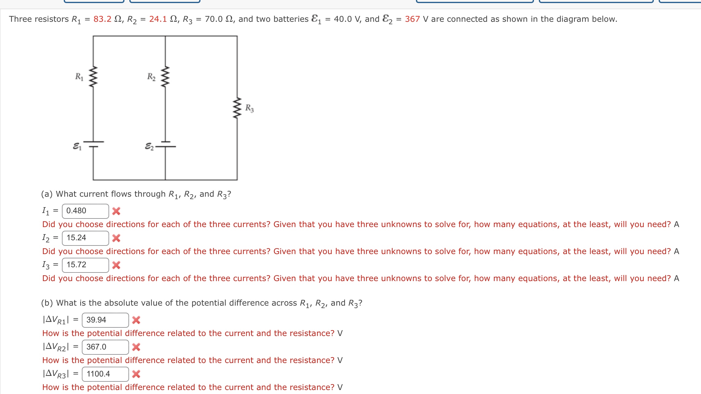 Three resistors R1​=83.2Ω,R2​=24.1Ω,R3​=70.0Ω, and two batteries ε1​=4