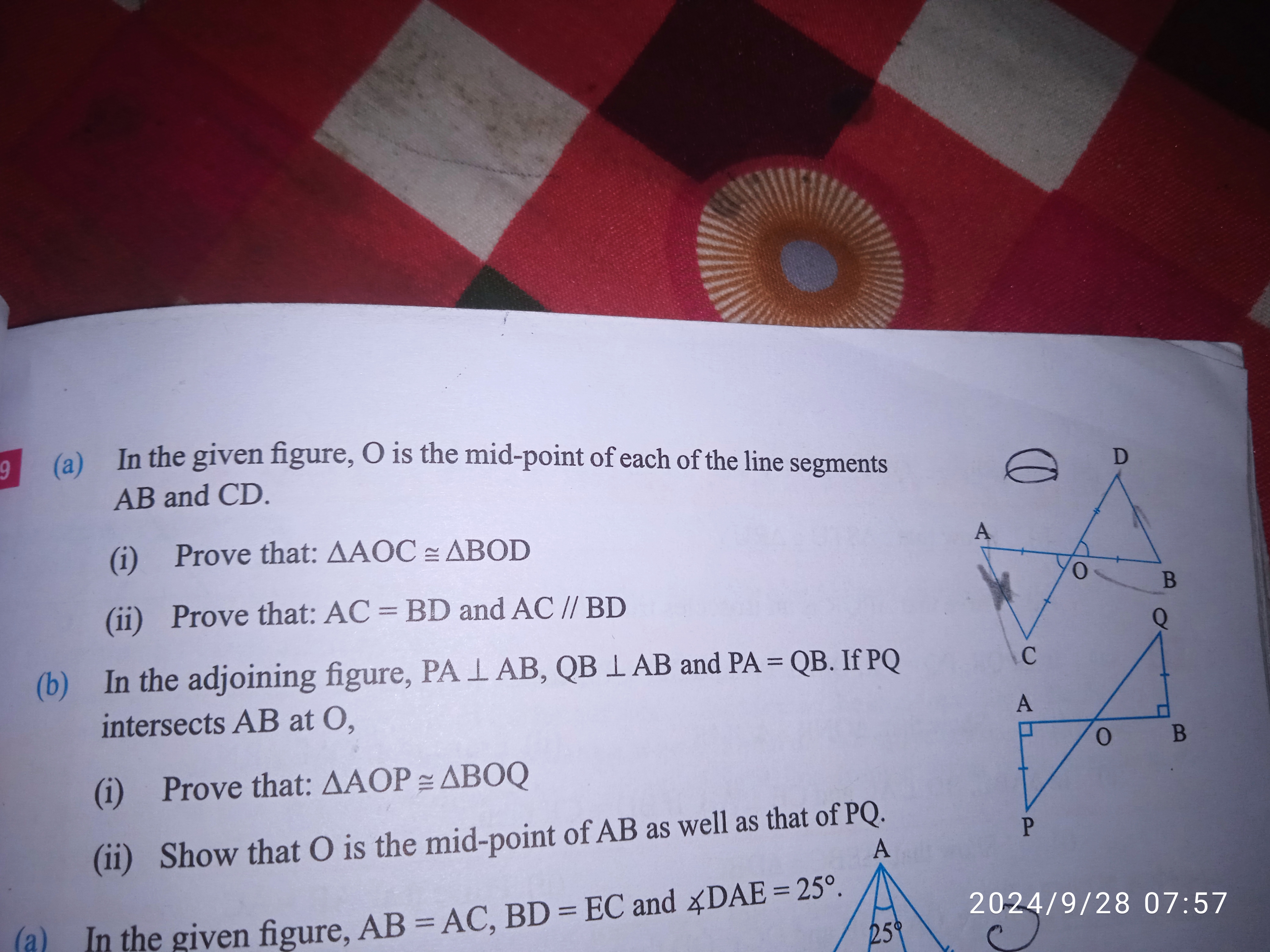 (a) In the given figure, O is the mid-point of each of the line segmen