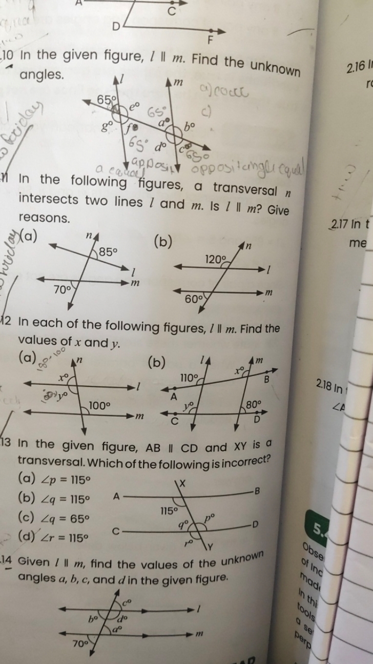 .10 In the given figure, l∥l. Find the unknown angles.
2.16
2.17lnt
me