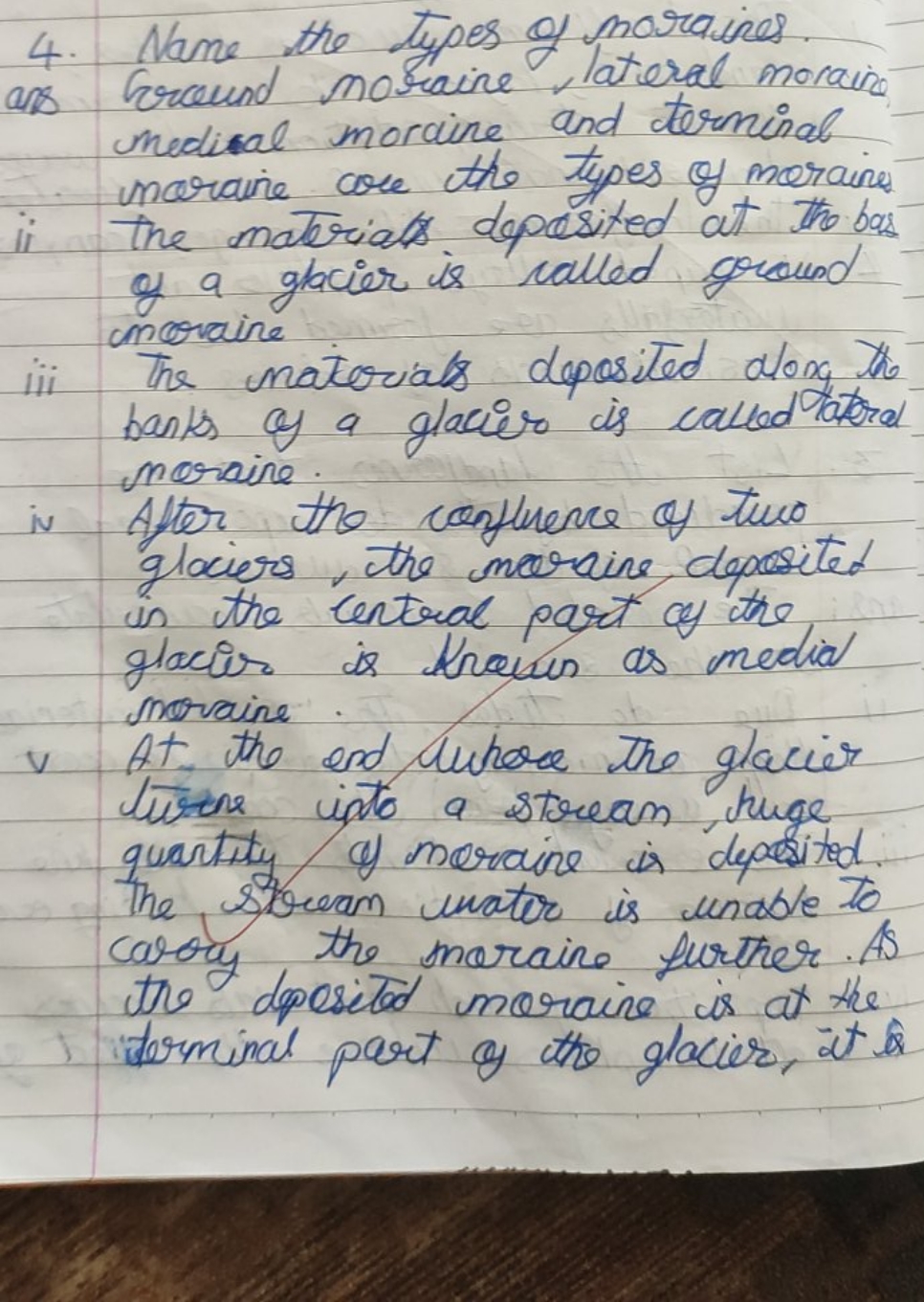 4. Name the types of moraines.
ans Ground moraine, lateral moraine med
