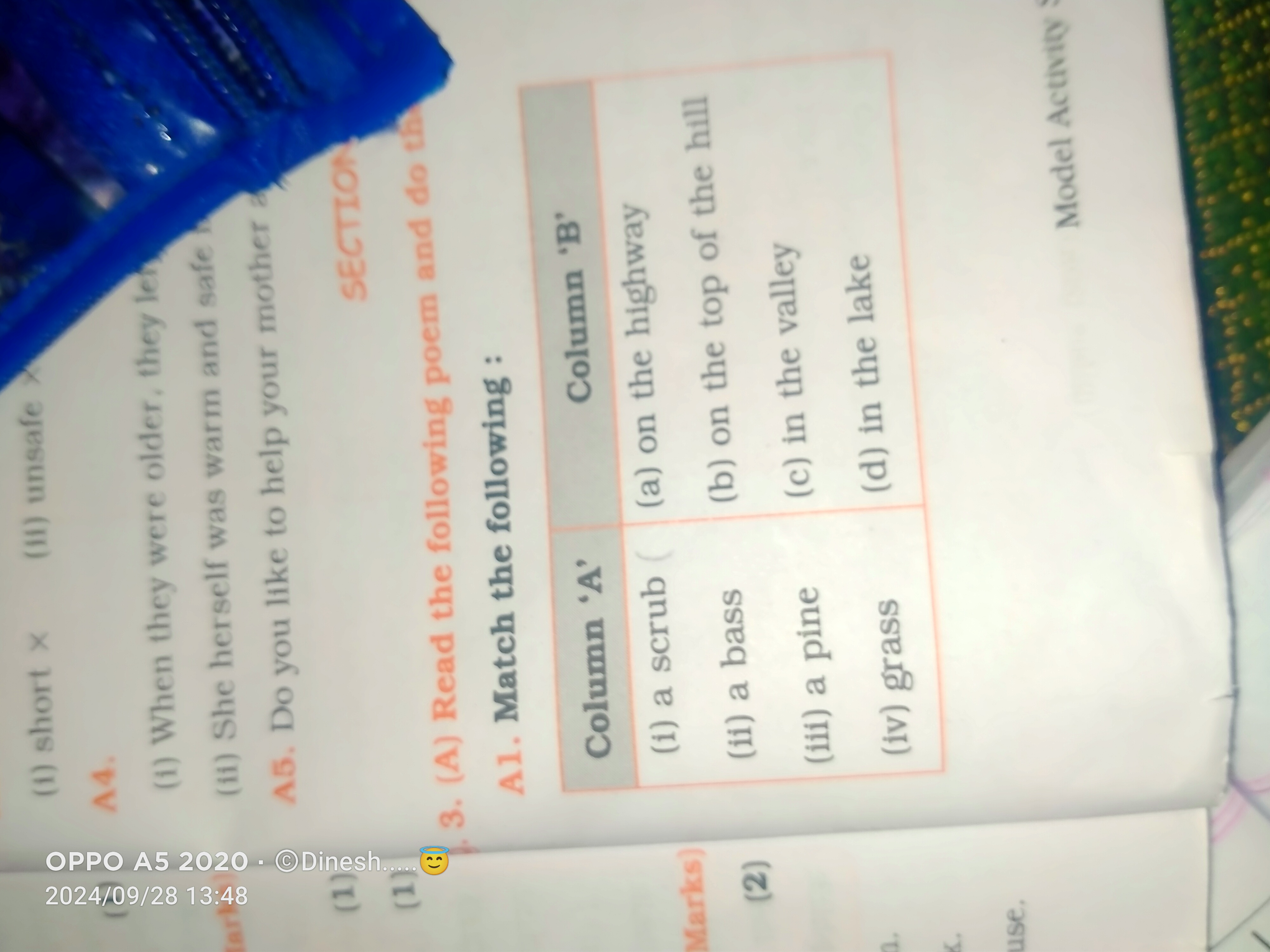 (1) short x
(ii) unsafe
A4.
(1) When they were older, they le
(ii) She