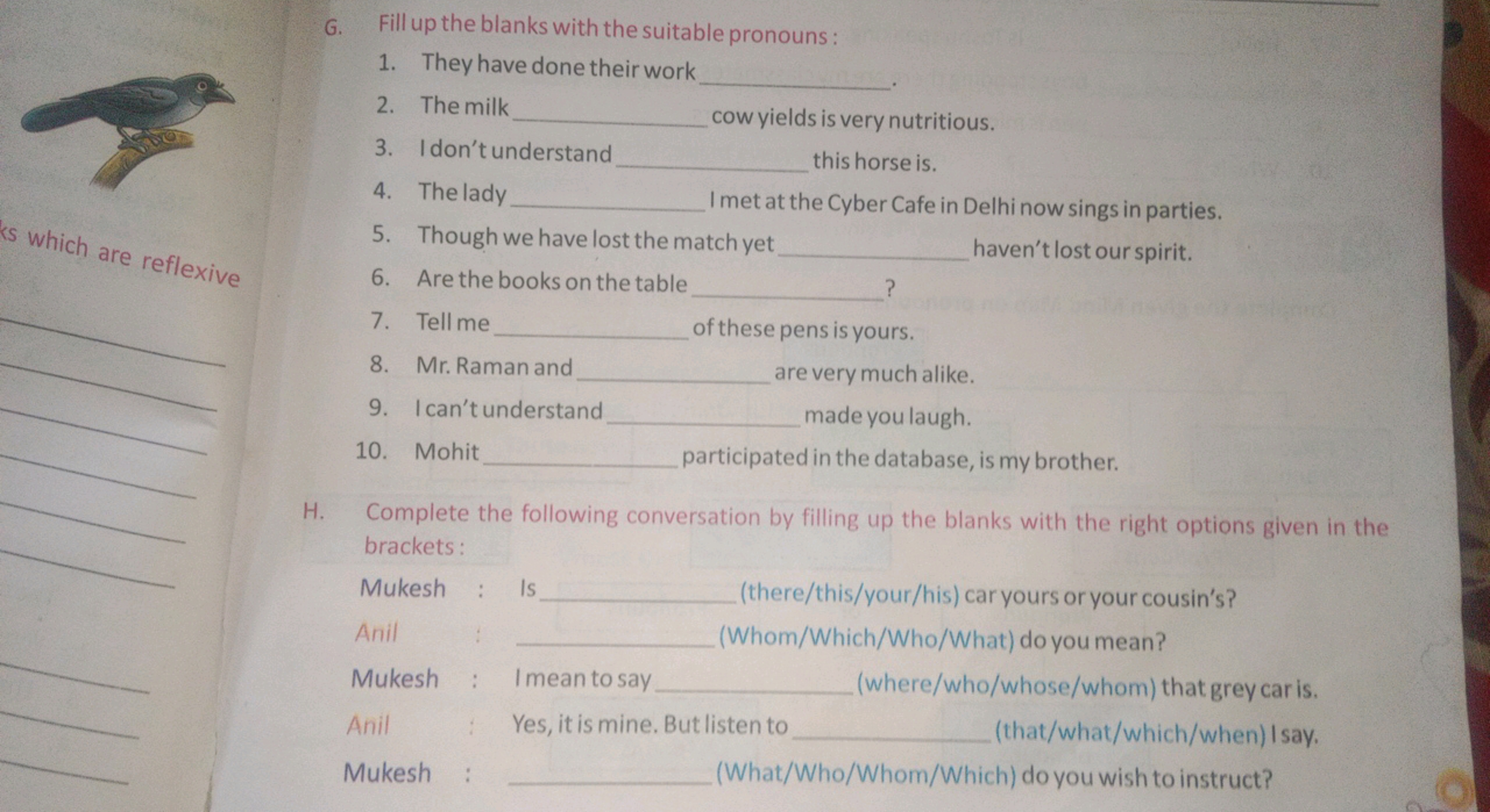 G. Fill up the blanks with the suitable pronouns:
which are reflexive 