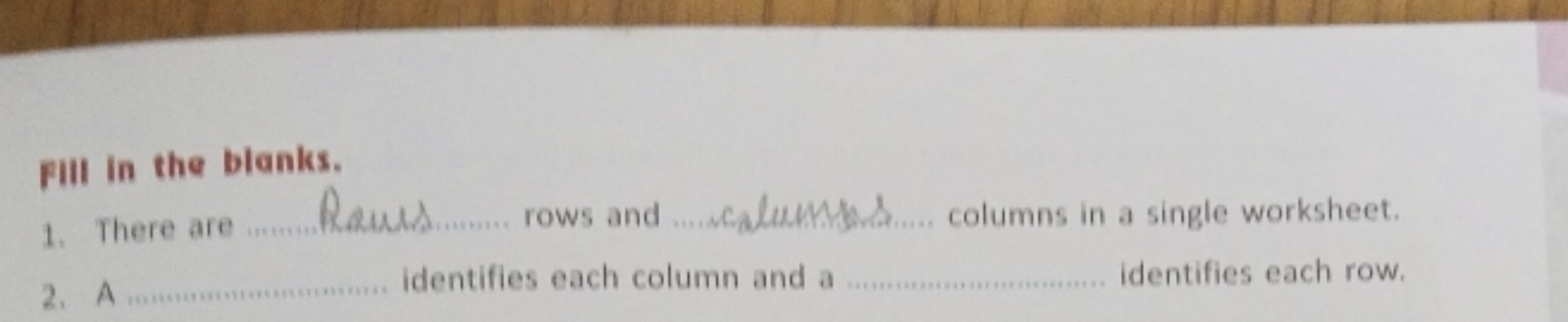 Fill in the blanks.
1. There are Rams  rows and  Columba..... columns 