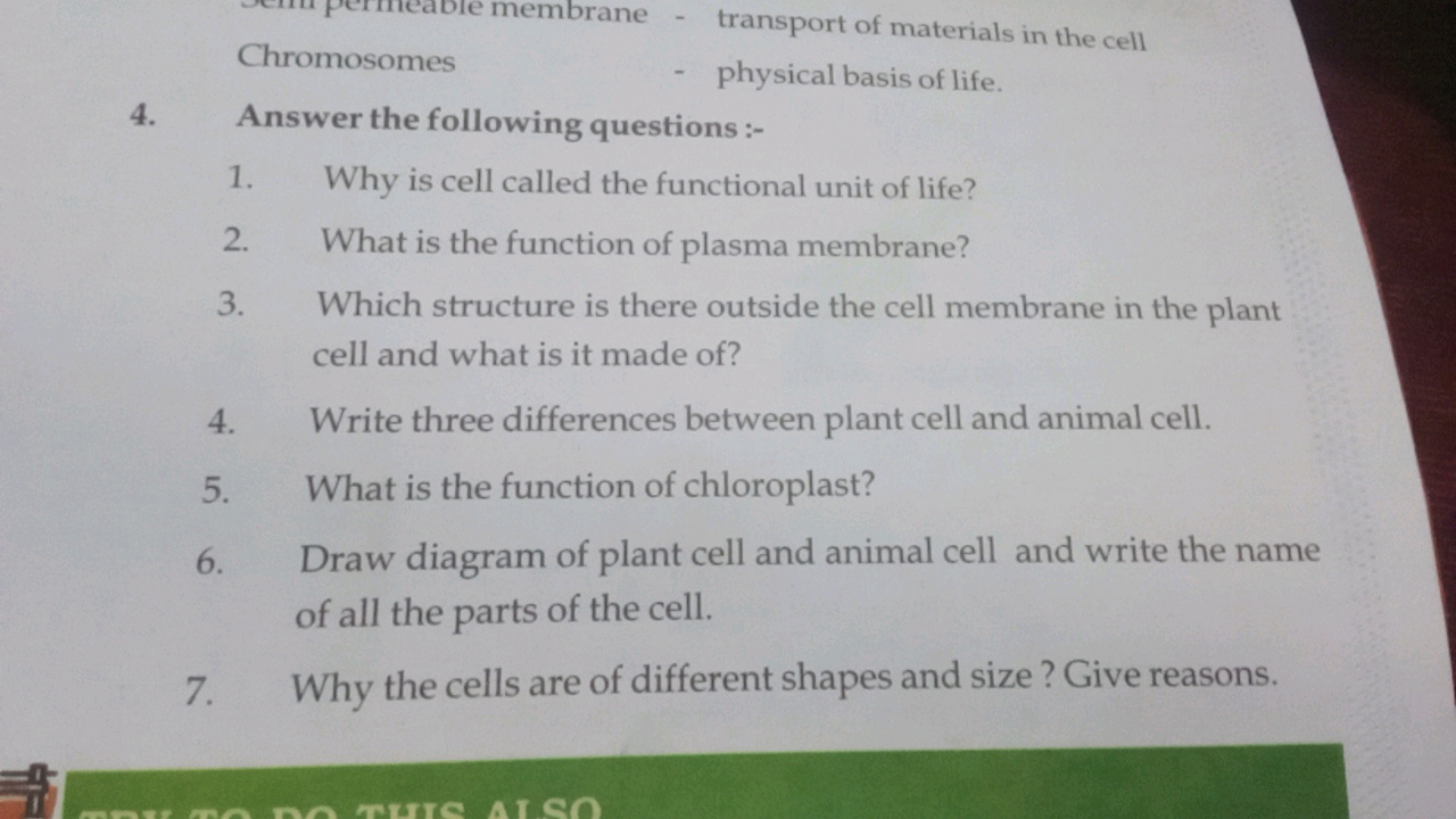 Chromosomes
membrane - transport of materials in the cell
- physical b