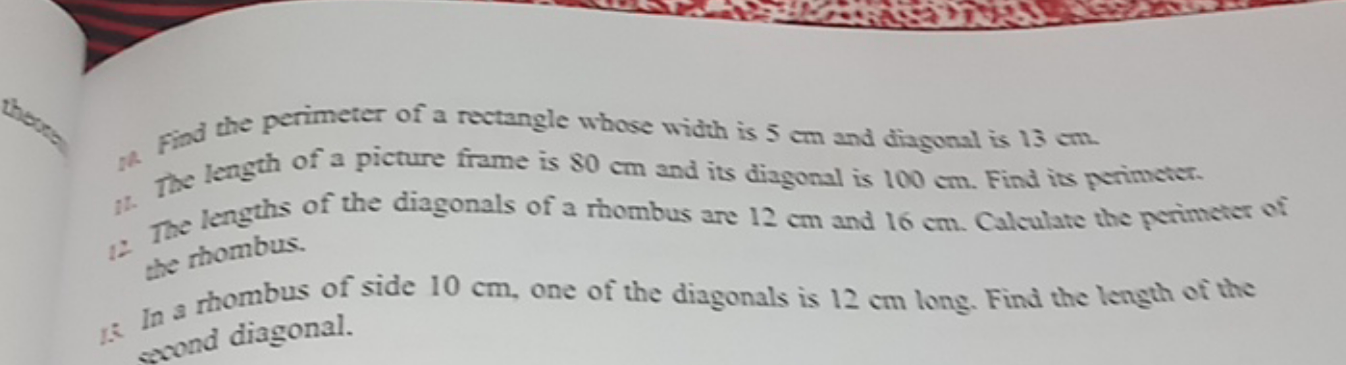 Q1. Find the perimeter of a rectangle whose width is 5 cm and diagonal