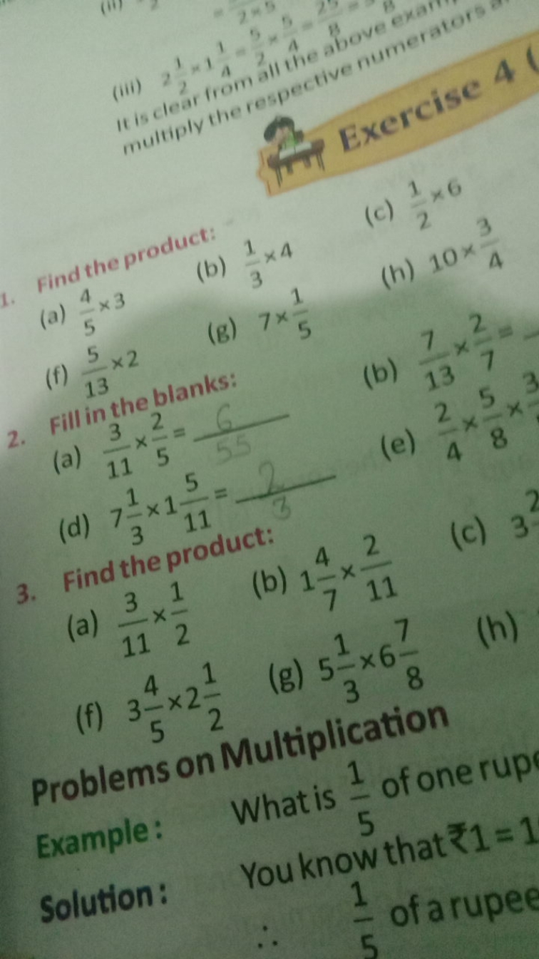 1. (a) 54​×3
(b) 31​×4
(c) 21​×6
(f) 135​×2
(B) 7×51​
(h) 20×43​
2. Fi