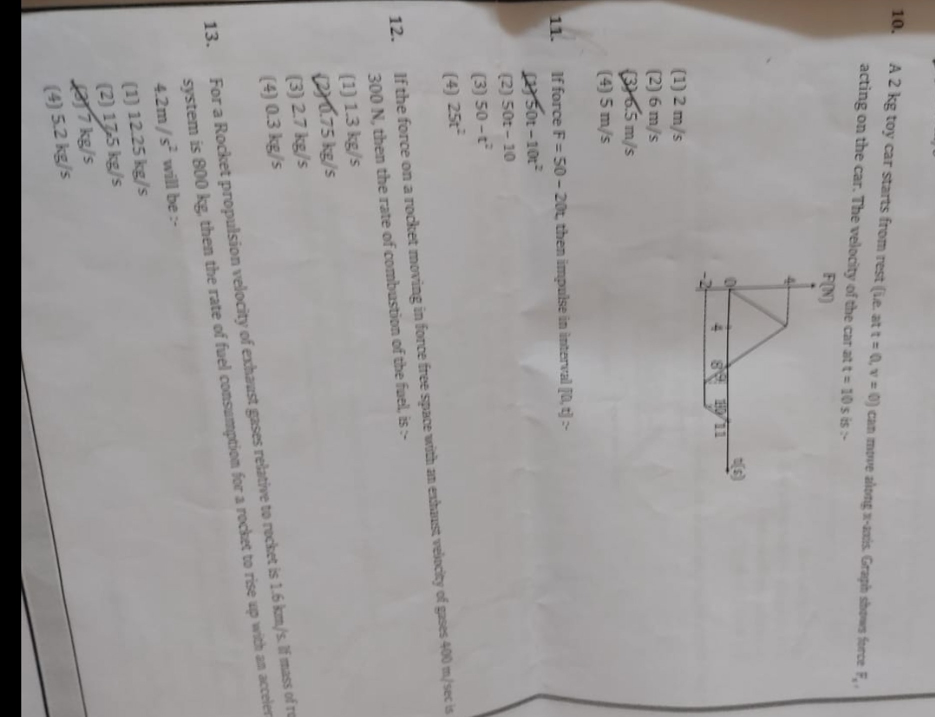 10. A 2 kg toy car starts from rest (iie. at t=0,v=0 ) can move along 