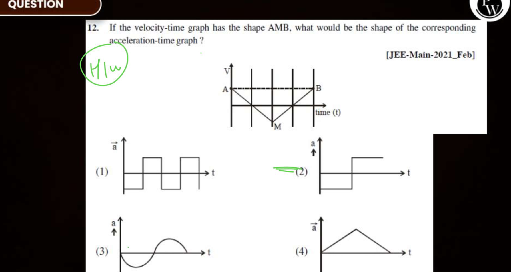 QUESTION
W
12. If the velocity-time graph has the shape AMB , what wou