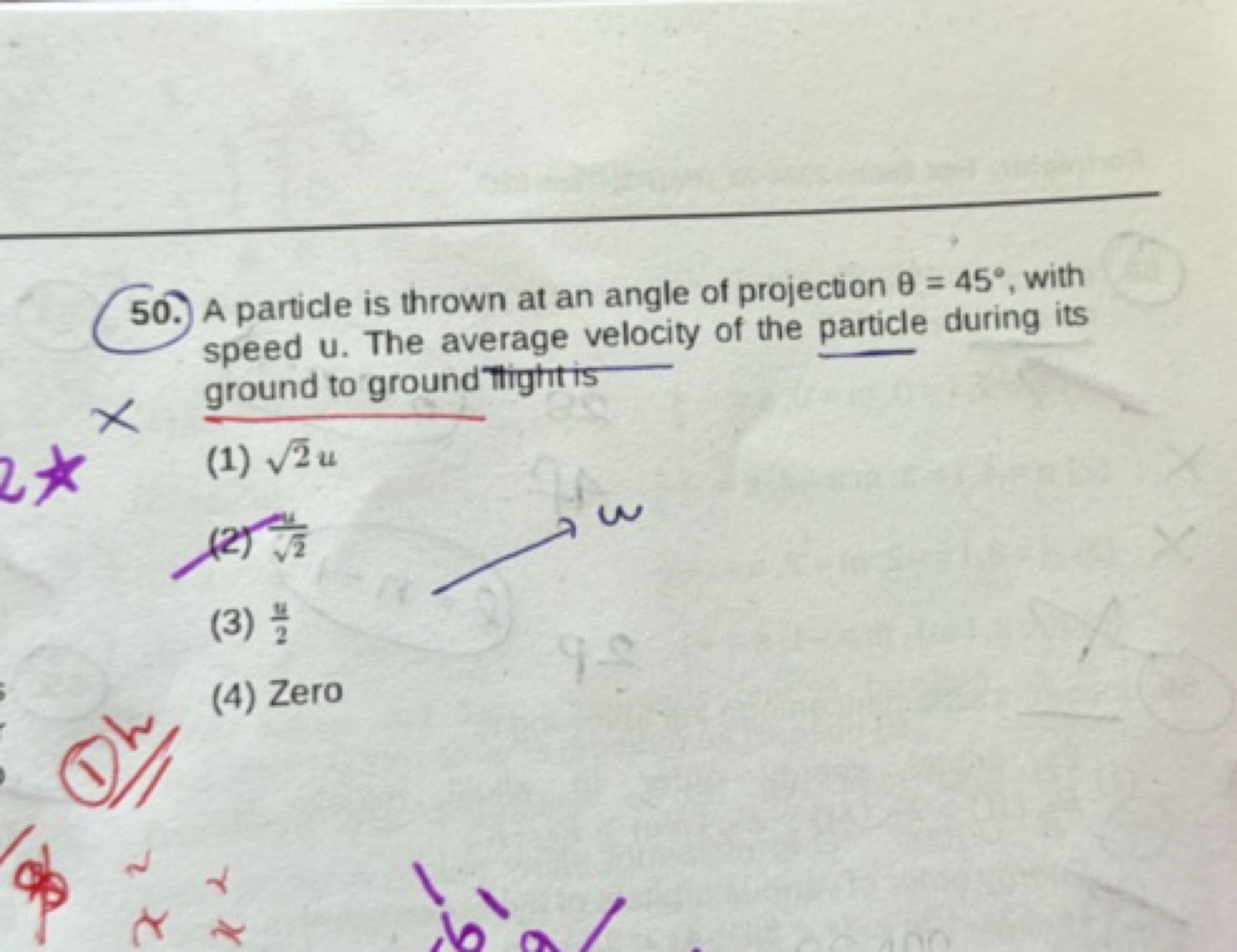 50. A particle is thrown at an angle of projection θ=45∘, with speed u