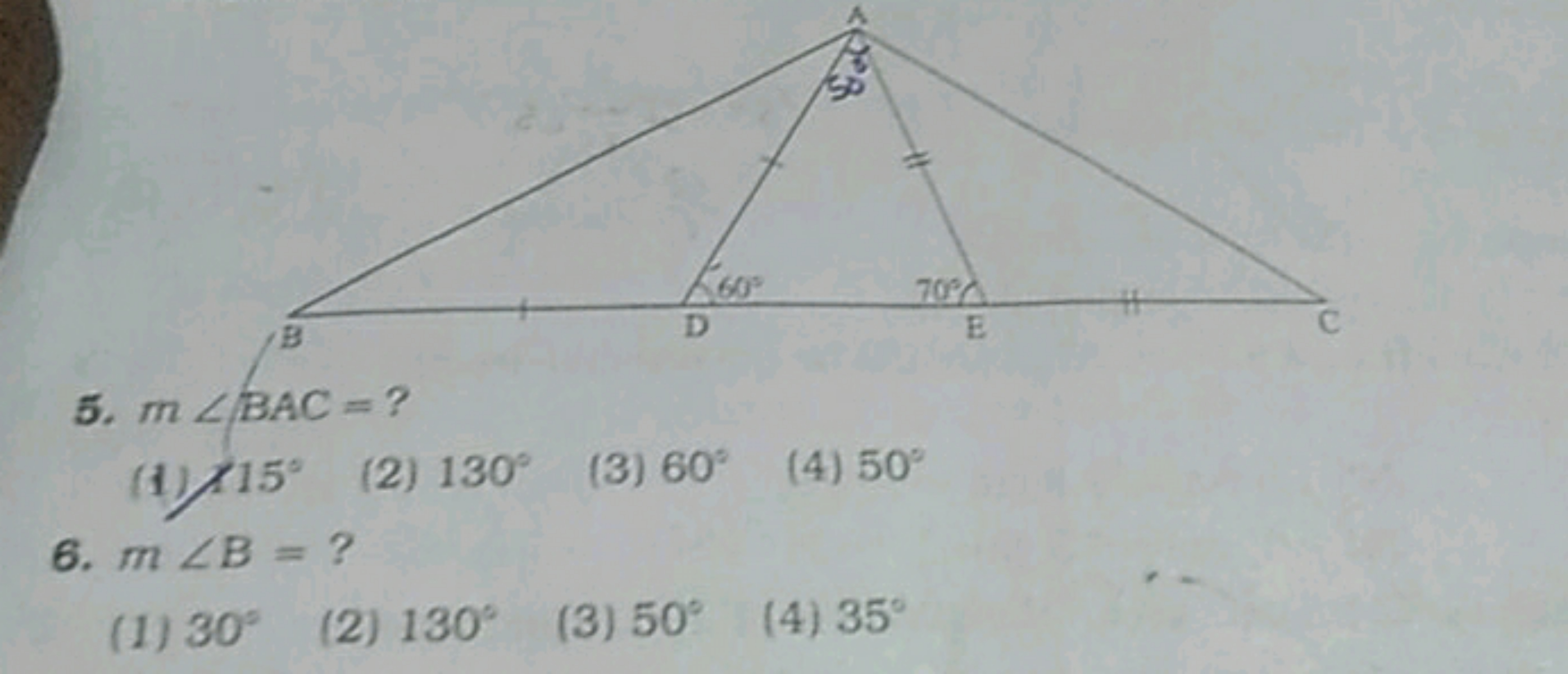 5. m∠BAC= ?
(1) 115∘
(2) 130∘
(3) 60∘
(4) 50∘
6. m∠B= ?
(1) 30∘
(2) 13