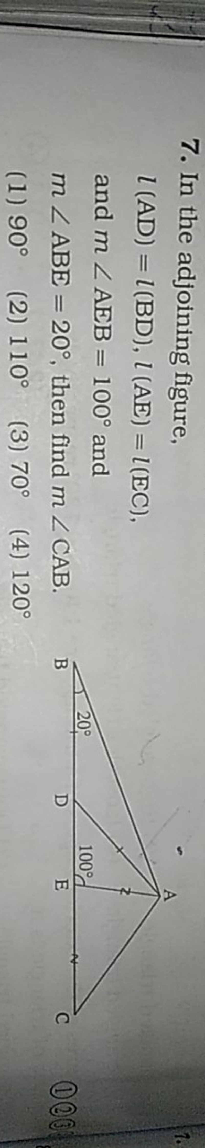 7. In the adjoining figure, l(AD)=l(BD),l(AE)=l(EC), and m∠AEB=100∘ an