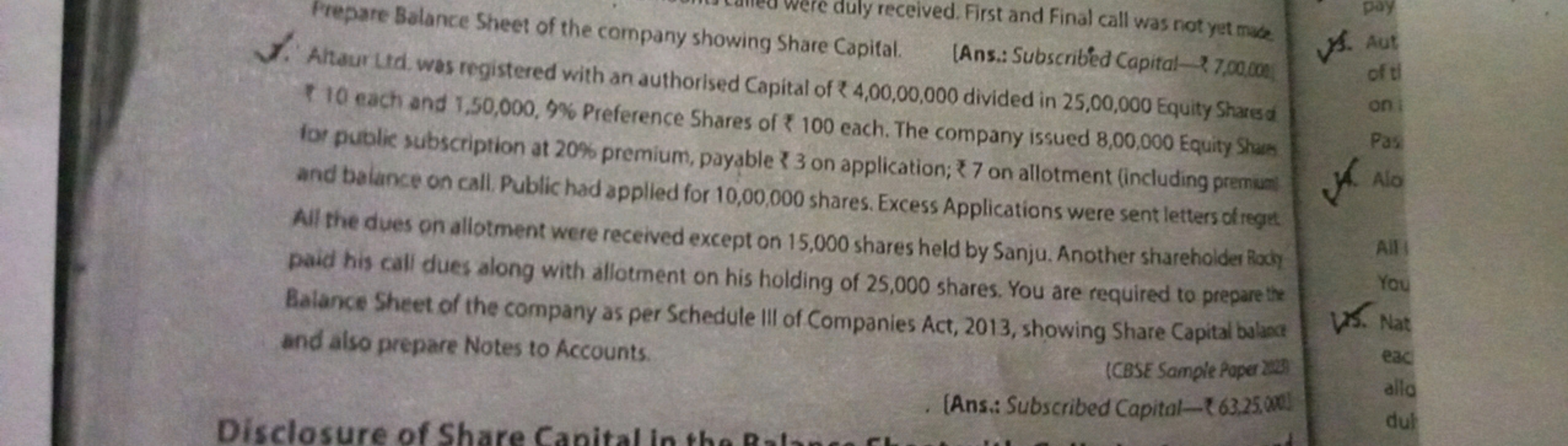 Prepare Balance Sheet of the company showing Share Capital. (Ans.: Sub