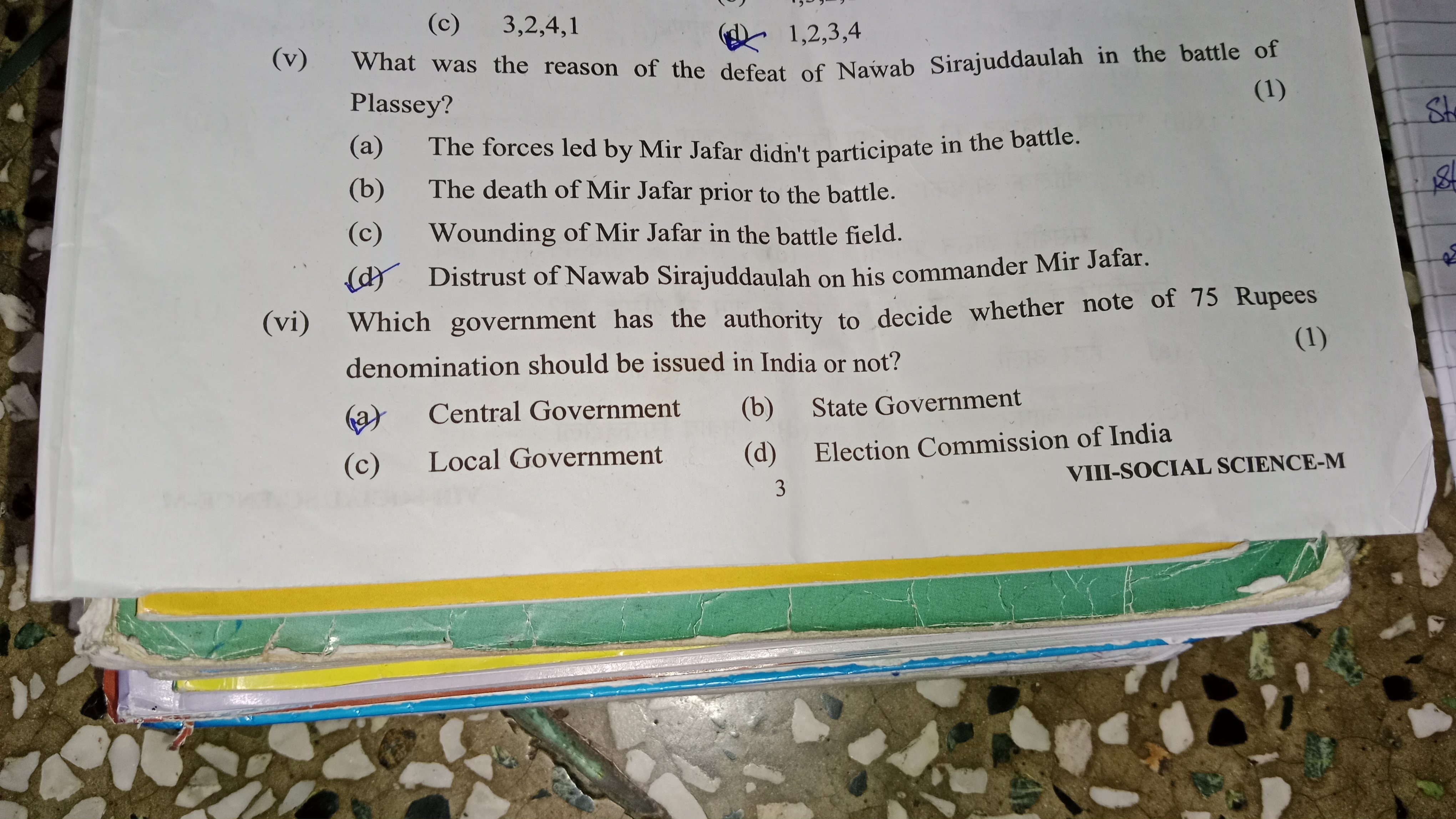 (c) 3,2,4,1
(v) What was the reason of the defeat of Nawab Sirajuddaul