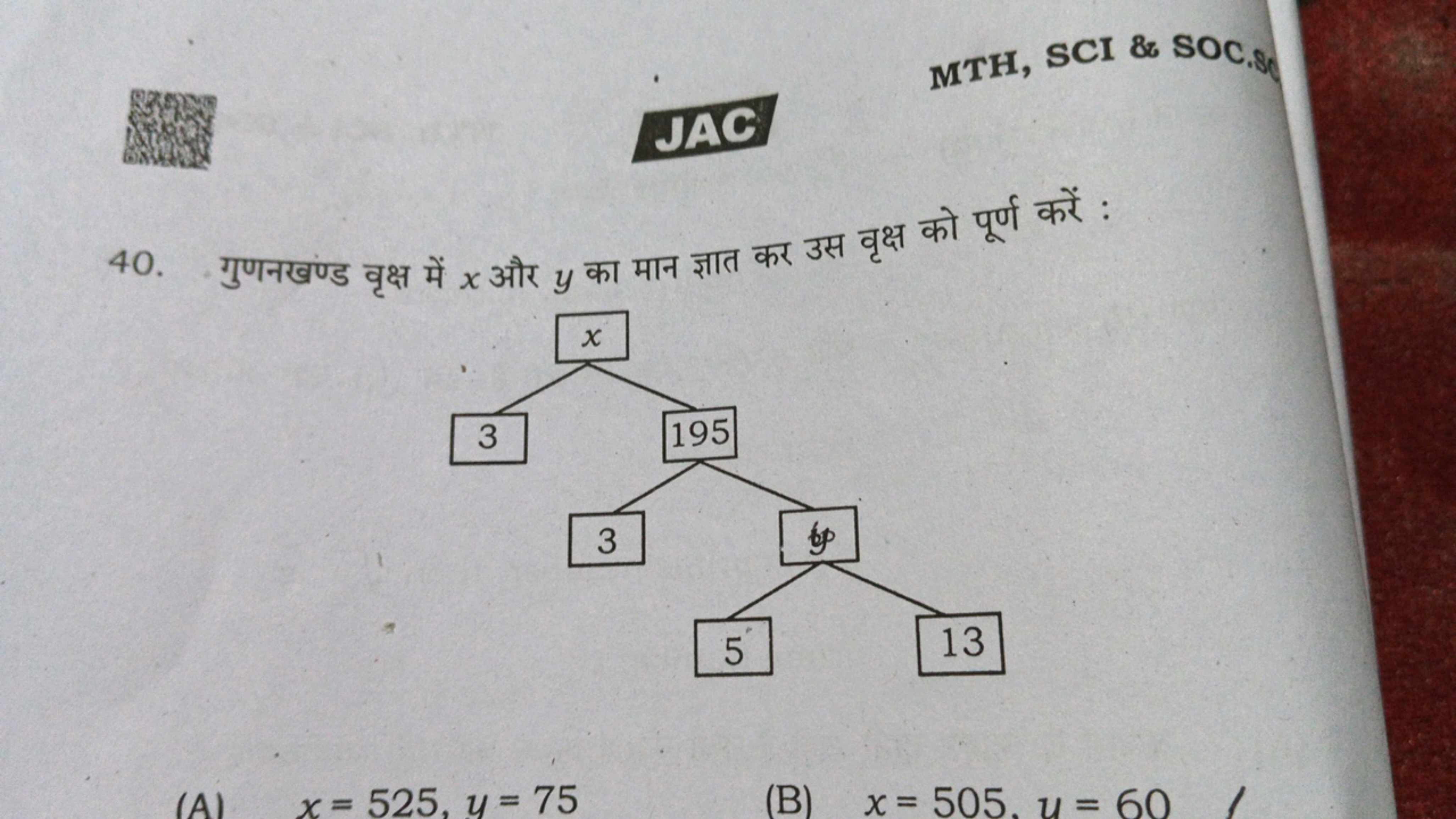 JAG
MTH, SCI \& SOC.
40. गुणनखण्ड वृक्ष में x और y का मान ज्ञात कर उस 