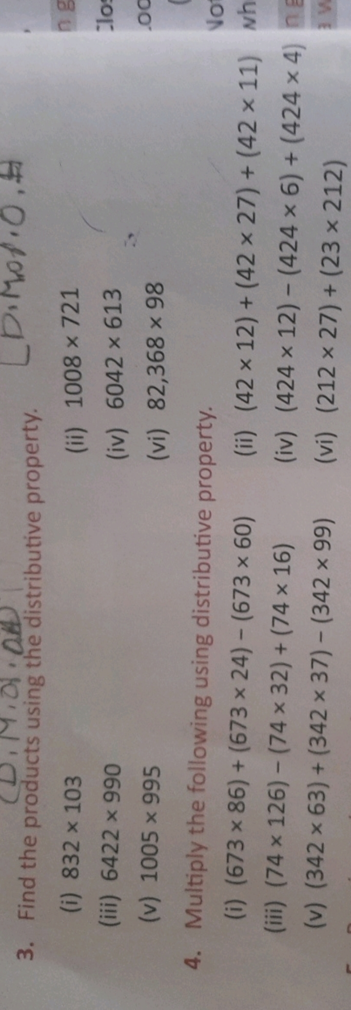 3. Find the products using the distributive property.
(i) 832×103
(ii)