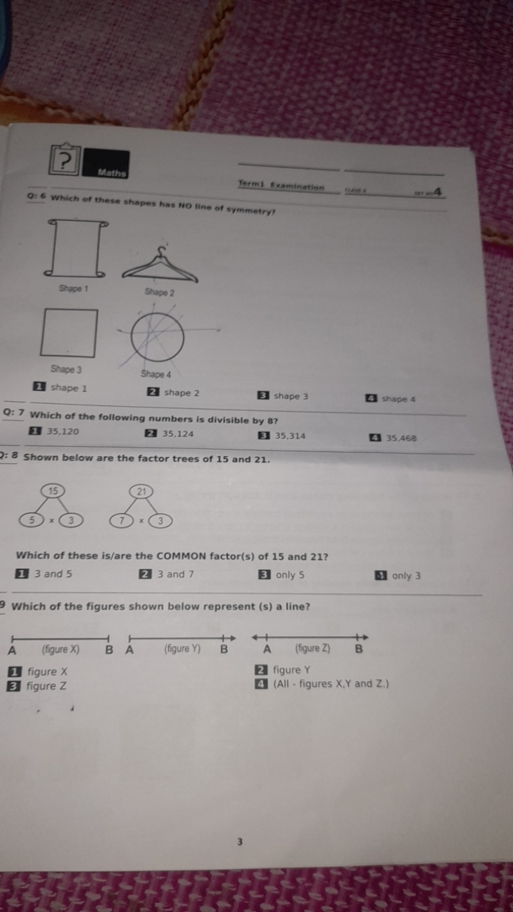 Wathy
Term1 Examination
Q: 6 Which of these shapes has Ho line of syme